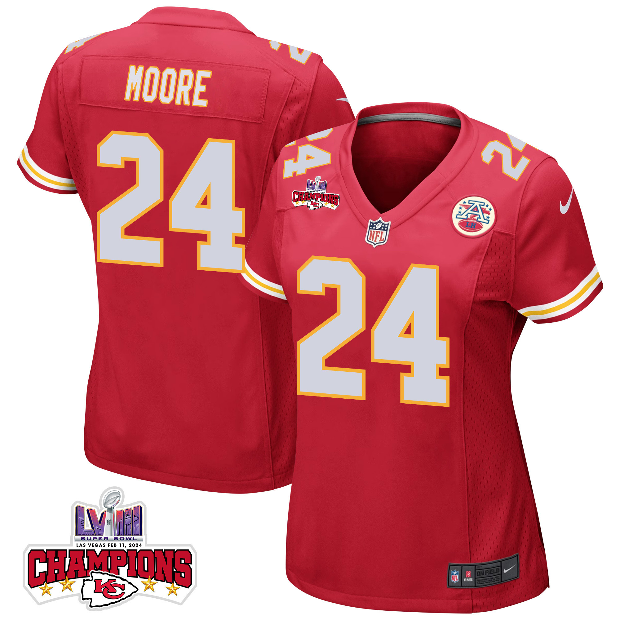 Skyy Moore #24 Kansas City Chiefs Super Bowl LVIII Champions 4 Stars Patch Game Jersey - Women's | Red