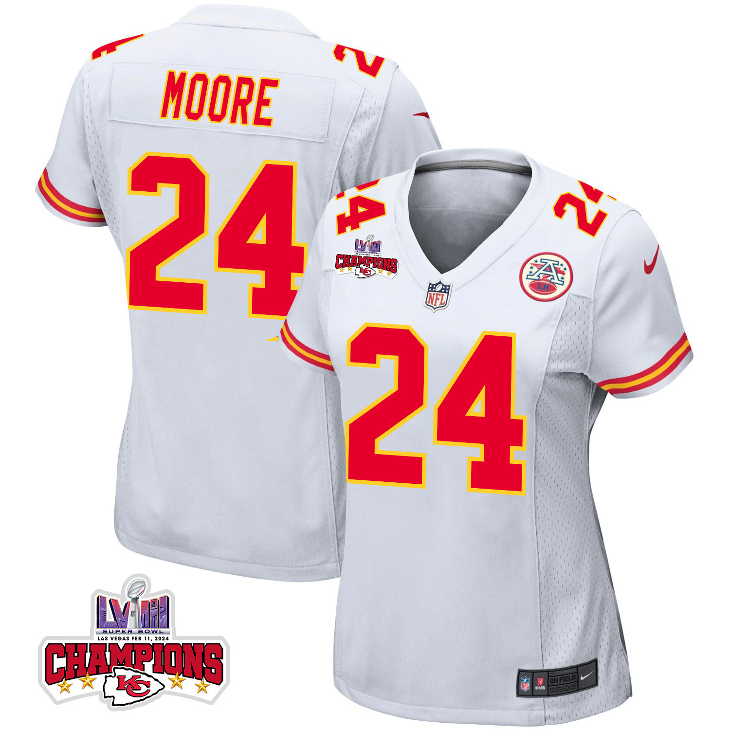 Skyy Moore #24 Kansas City Chiefs Super Bowl LVIII Champions 4 Stars Patch Game Jersey - Women's | White