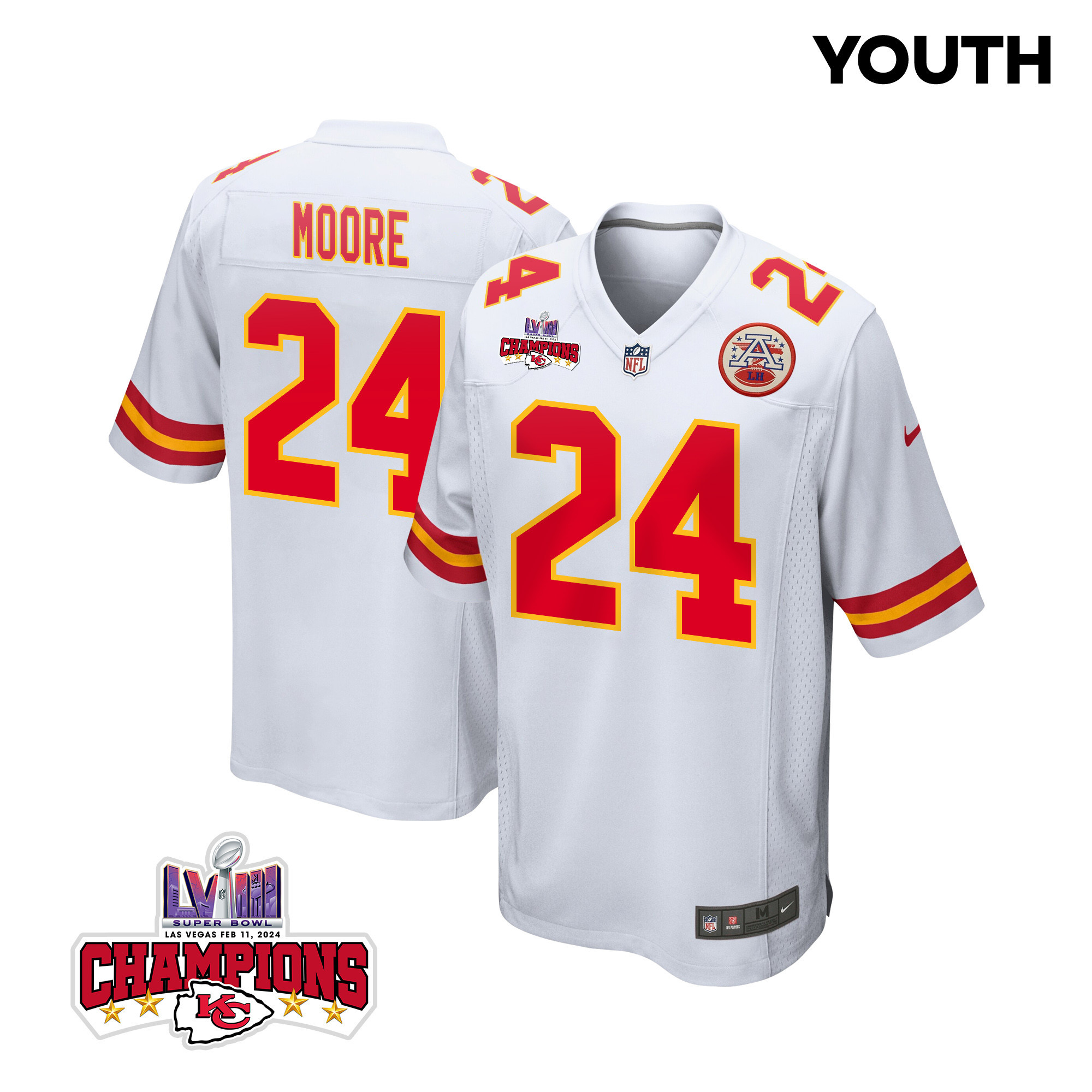 Skyy Moore #24 Kansas City Chiefs Super Bowl LVIII Champions 4 Stars Patch Game Jersey - Youth | White