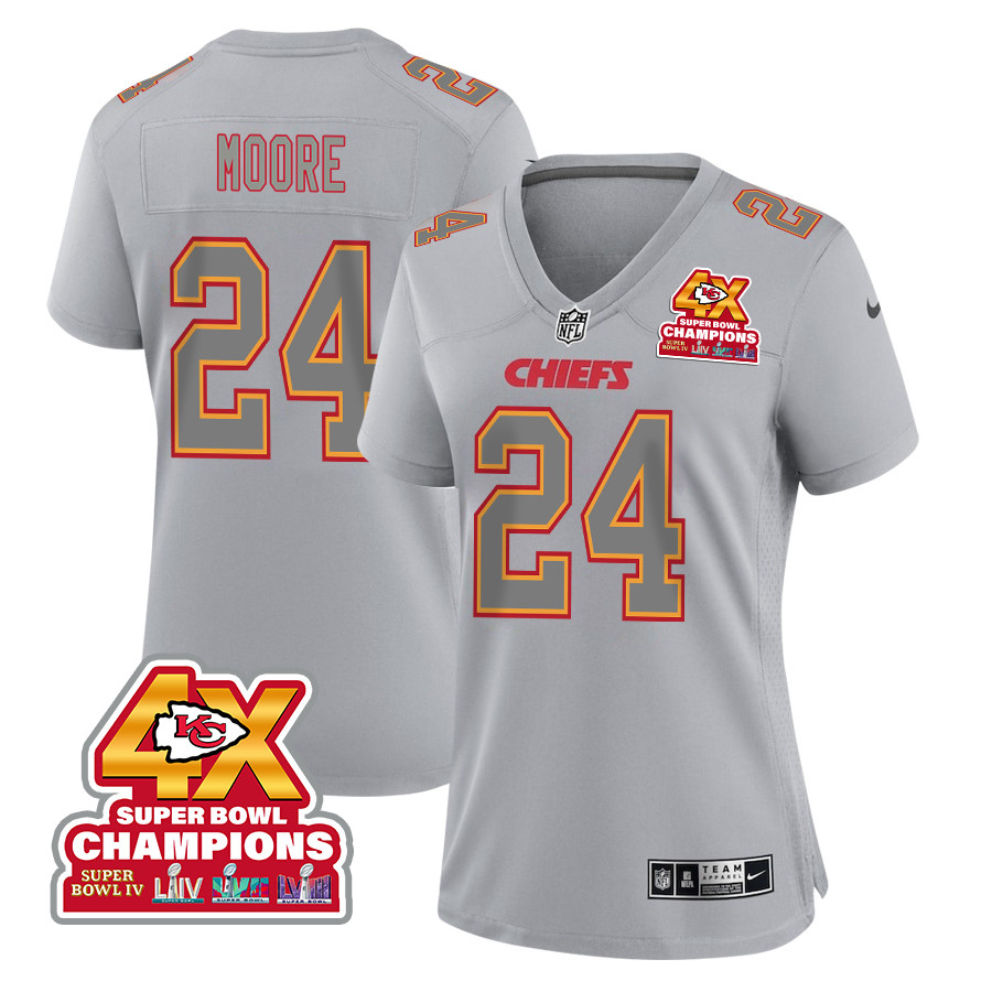 Skyy Moore #24 Kansas City Chiefs Super Bowl LVIII Champions 4X Game Jersey - Women's | Gray