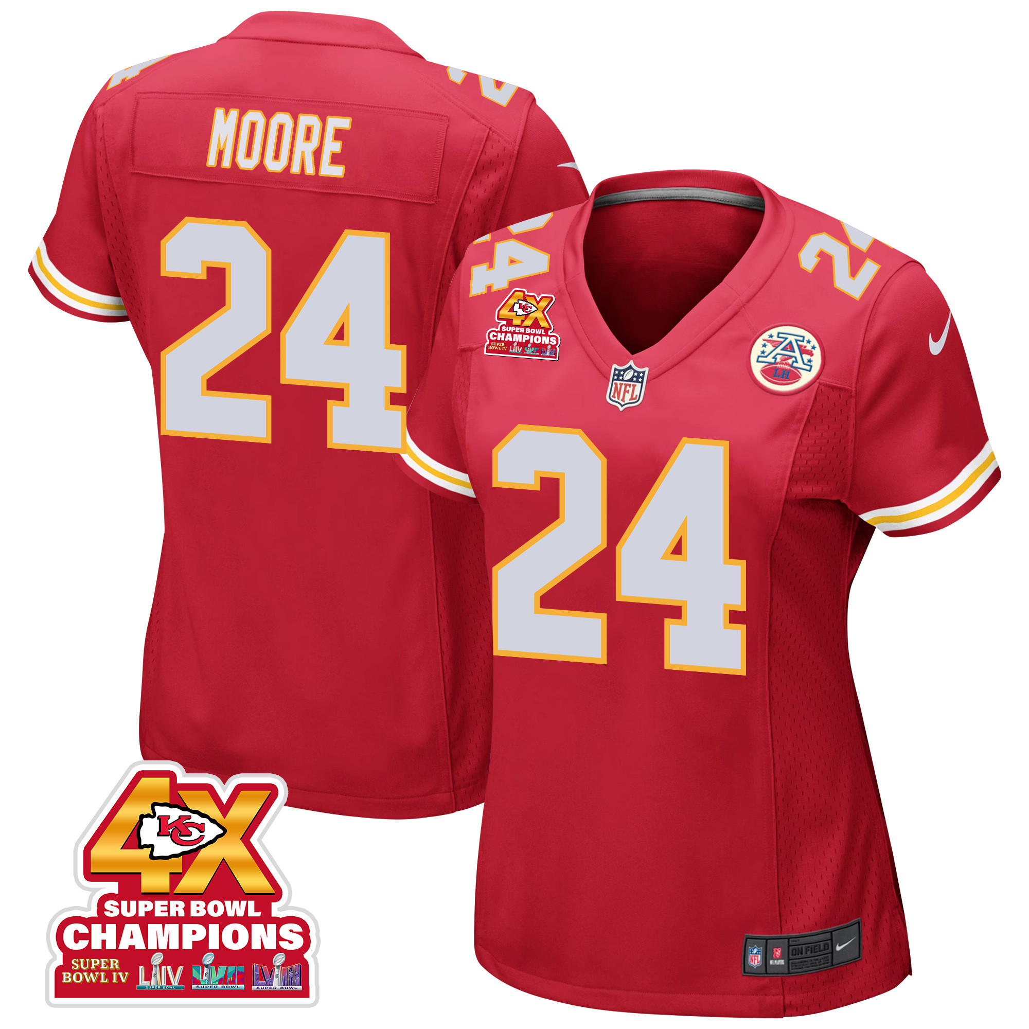 Skyy Moore #24 Kansas City Chiefs Super Bowl LVIII Champions 4X Game Jersey - Women's | Red