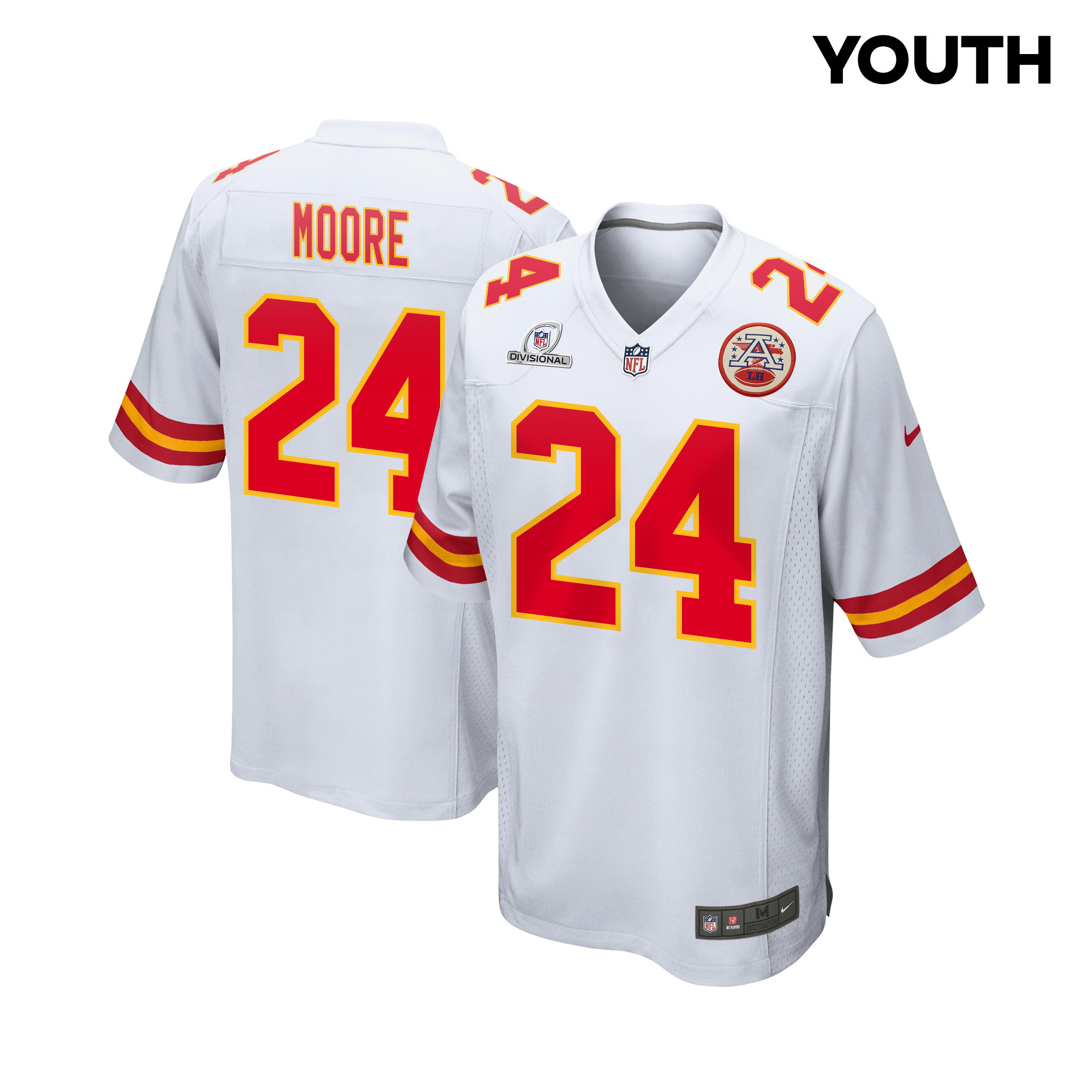 Skyy Moore #24 Kansas City Chiefs Super Bowl LVIII Patch Game Jersey - Youth | White