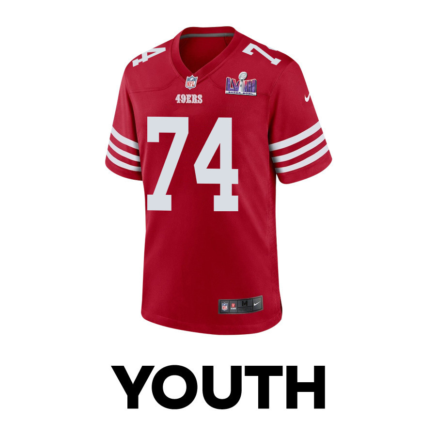 Alternative view of Spencer Burford #74 San Francisco 49ers Super Bowl LVIII Patch Game Jersey - Youth | Scarlet