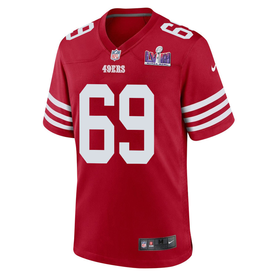 Alternative view of Spencer Waege #69 San Francisco 49ers Super Bowl LVIII Patch Game Jersey - Men's | Scarlet