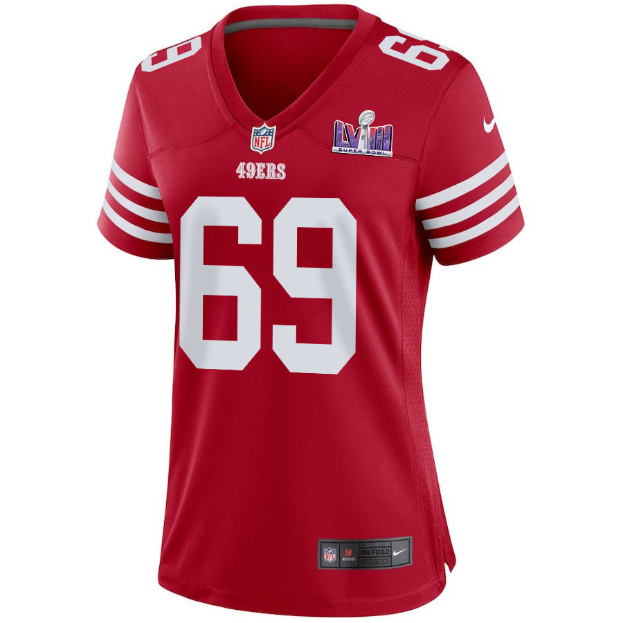 Alternative view of Spencer Waege #69 San Francisco 49ers Super Bowl LVIII Patch Game Jersey - Women's | Scarlet