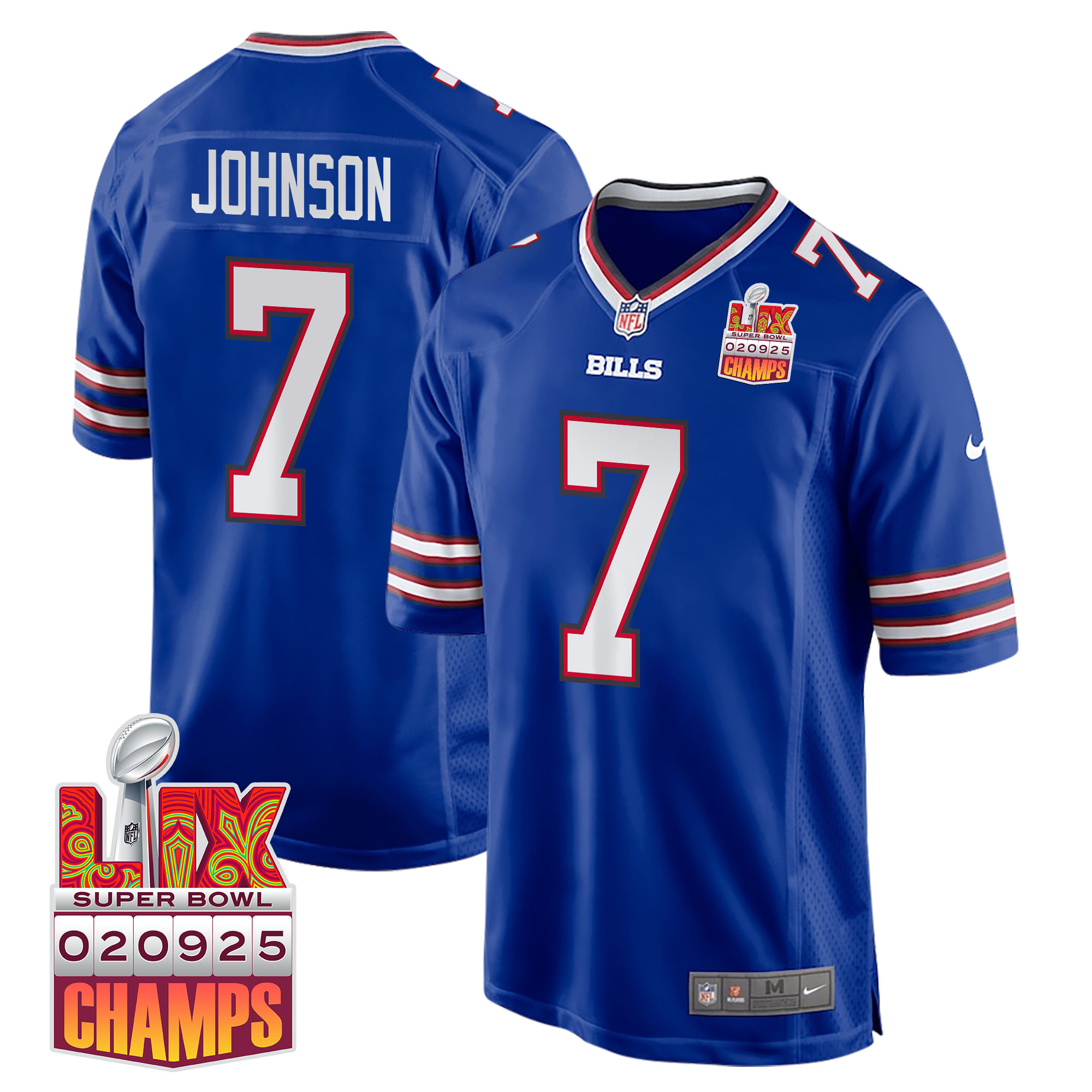 Taron Johnson #7 Buffalo Bills Super Bowl LIX Champions Patch Game Jersey - Men's | Royal