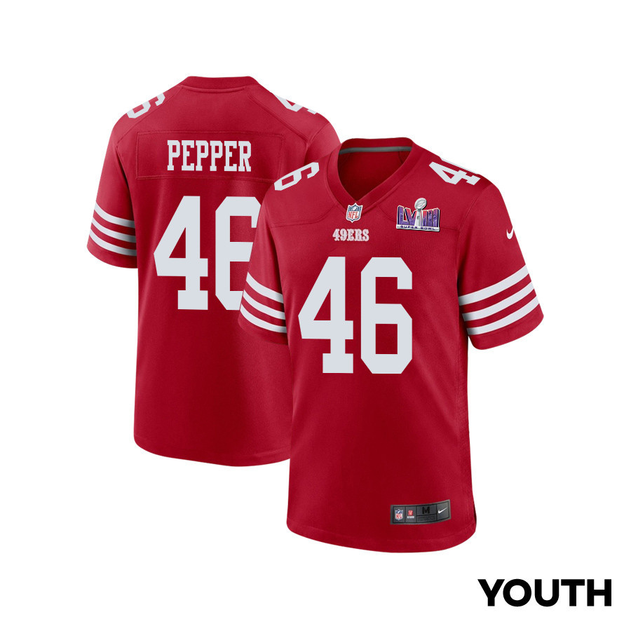 Taybor Pepper #46 San Francisco 49ers Super Bowl LVIII Patch Game Jersey - Youth | Scarlet