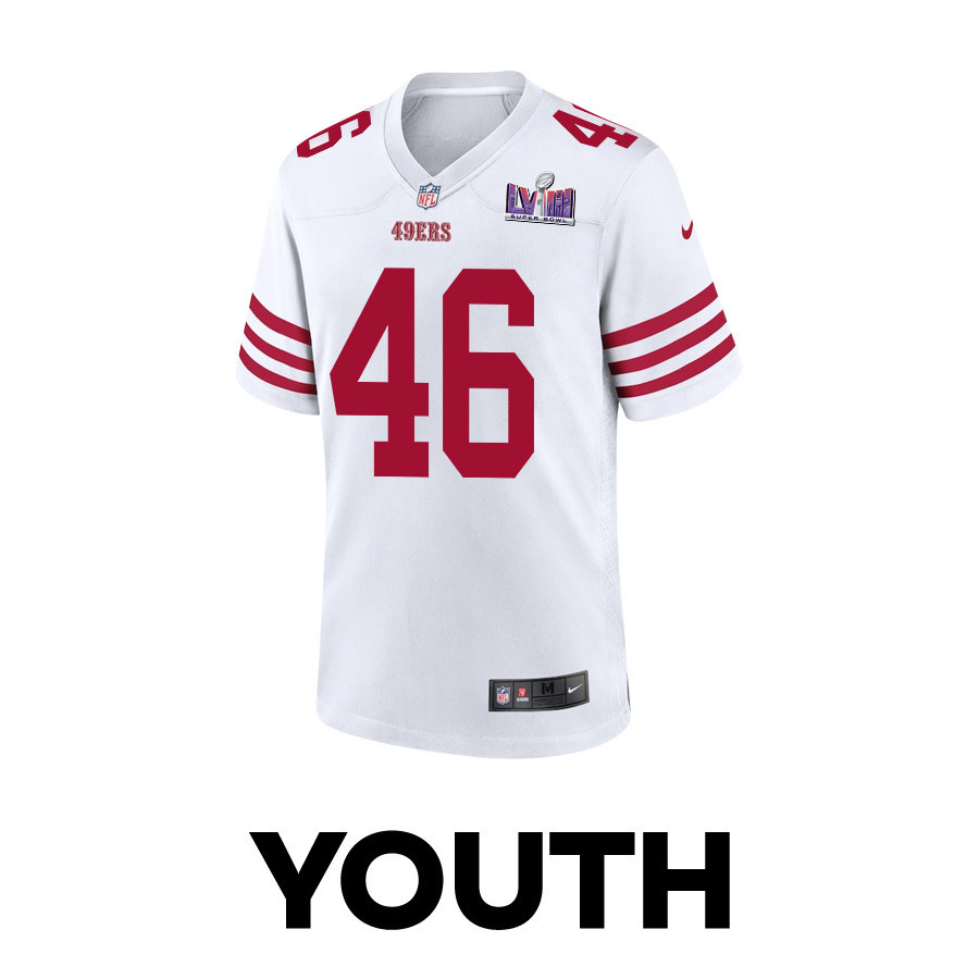 Alternative view of Taybor Pepper #46 San Francisco 49ers Super Bowl LVIII Patch Game Jersey - Youth | White