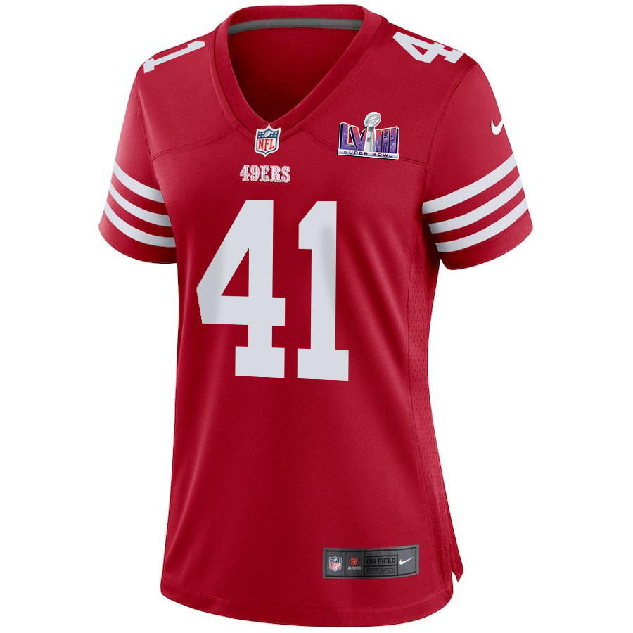Alternative view of Tayler Hawkins #41 San Francisco 49ers Super Bowl LVIII Patch Game Jersey - Women's | Scarlet