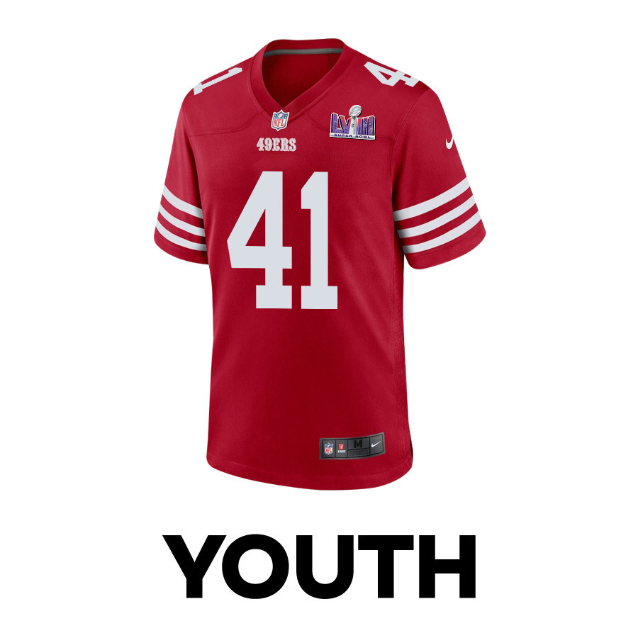 Alternative view of Tayler Hawkins #41 San Francisco 49ers Super Bowl LVIII Patch Game Jersey - Youth | Scarlet