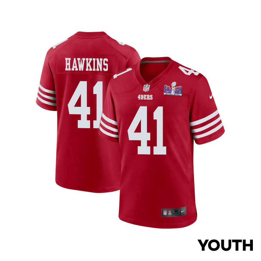 Tayler Hawkins #41 San Francisco 49ers Super Bowl LVIII Patch Game Jersey - Youth | Scarlet