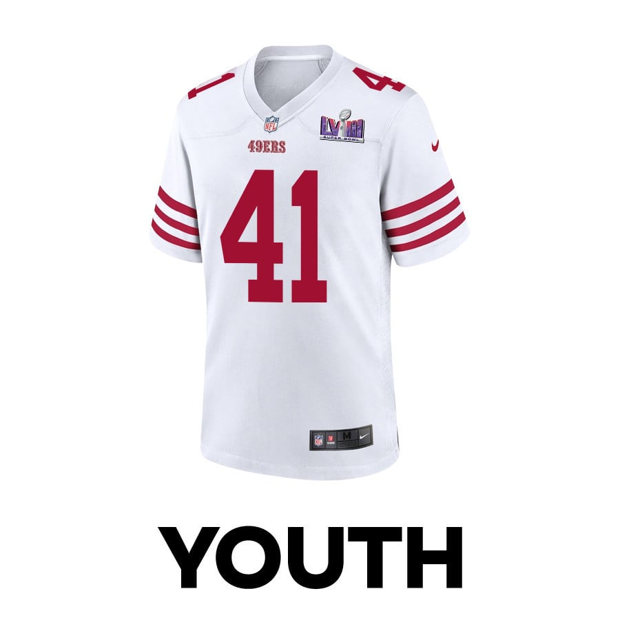 Alternative view of Tayler Hawkins #41 San Francisco 49ers Super Bowl LVIII Patch Game Jersey - Youth | White