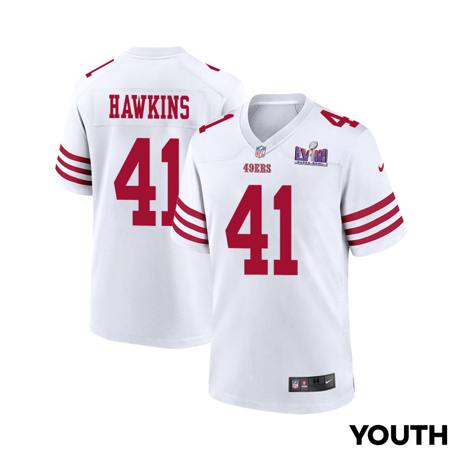 Tayler Hawkins #41 San Francisco 49ers Super Bowl LVIII Patch Game Jersey - Youth | White