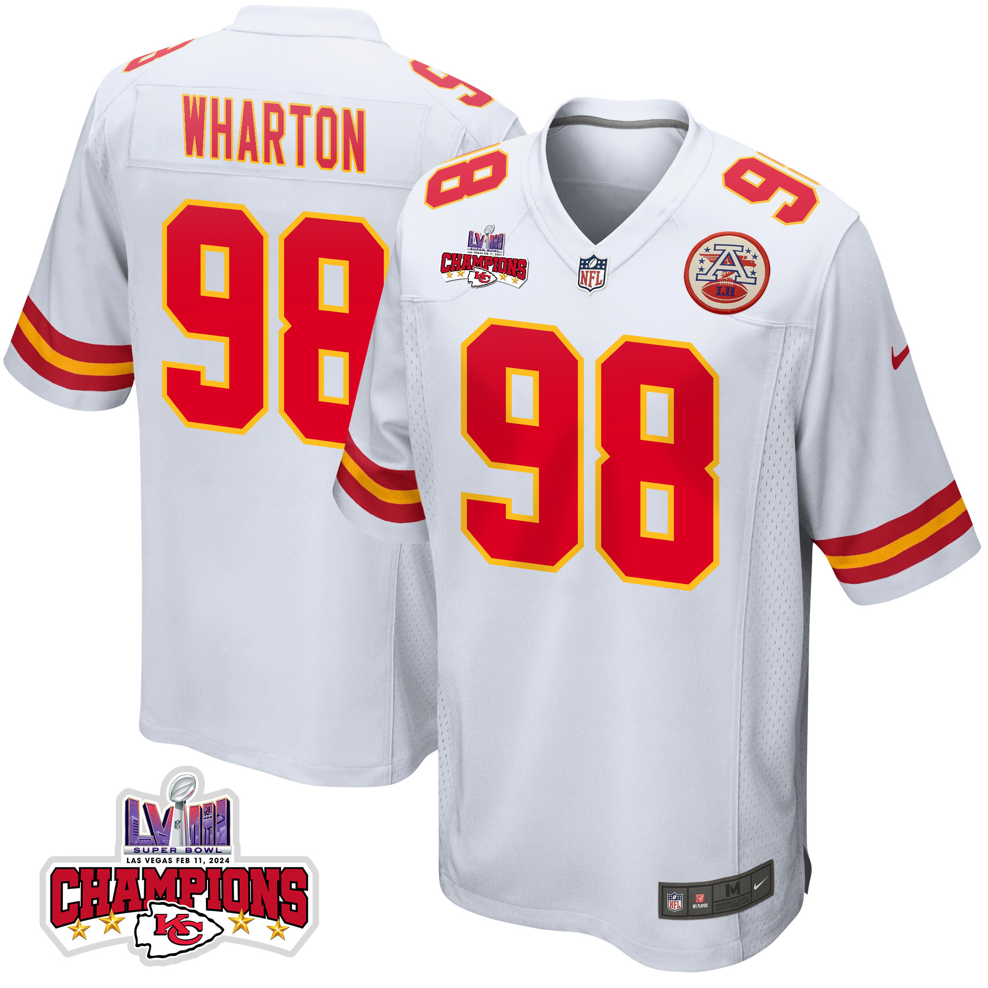 Tershawn Wharton #98 Kansas City Chiefs Super Bowl LVIII Champions 4 Stars Patch Game Jersey - Men's | White
