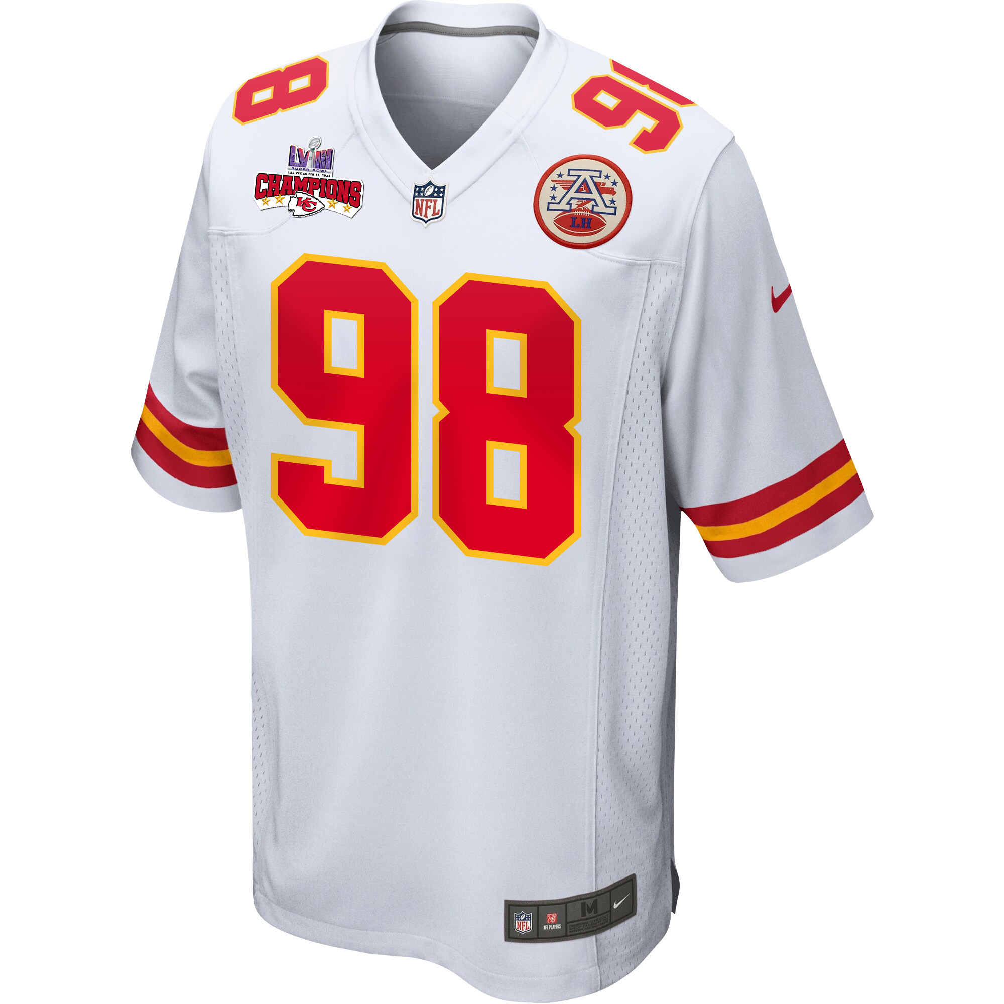 Alternative view of Tershawn Wharton #98 Kansas City Chiefs Super Bowl LVIII Champions 4 Stars Patch Game Jersey - Men's | White