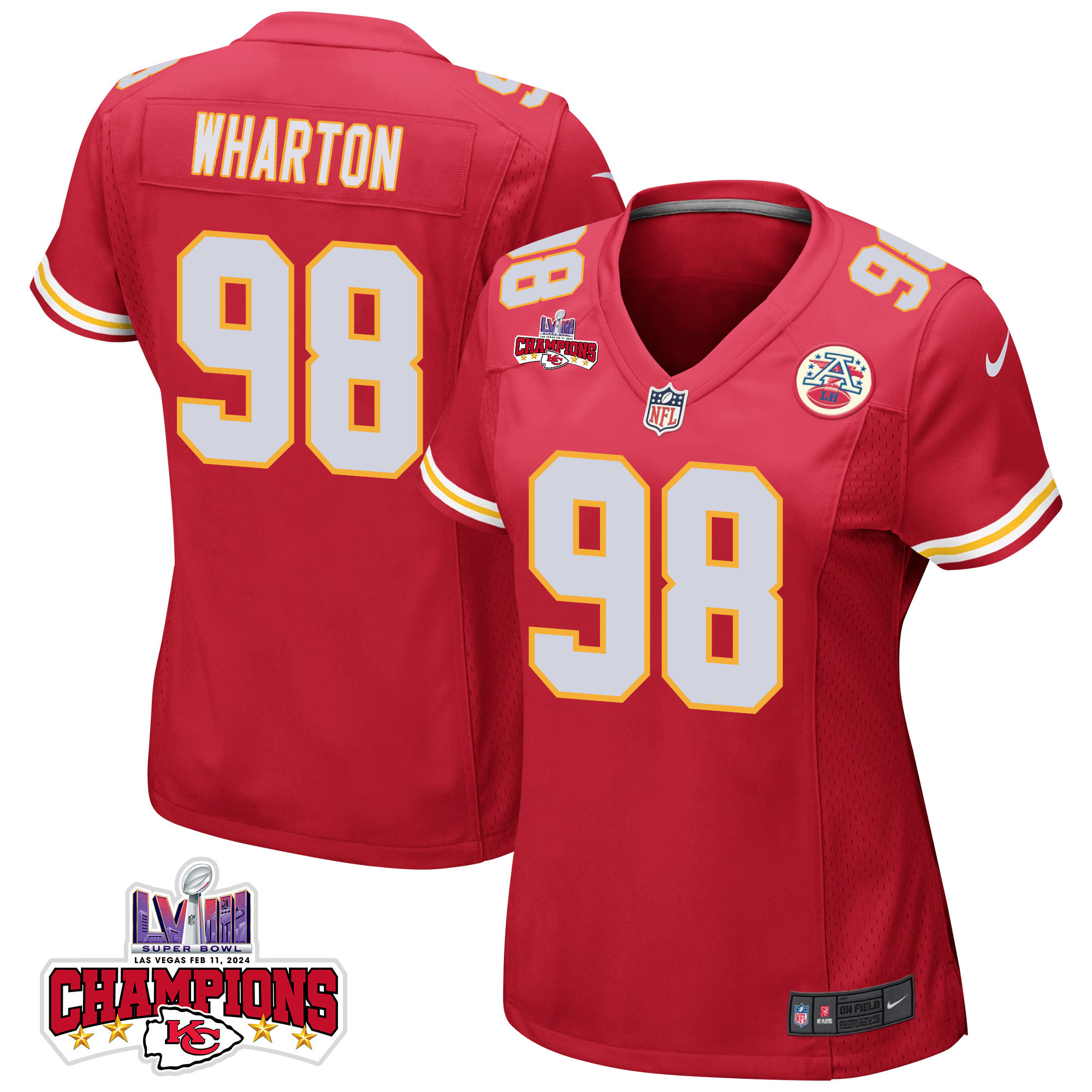 Tershawn Wharton #98 Kansas City Chiefs Super Bowl LVIII Champions 4 Stars Patch Game Jersey - Women's | Red