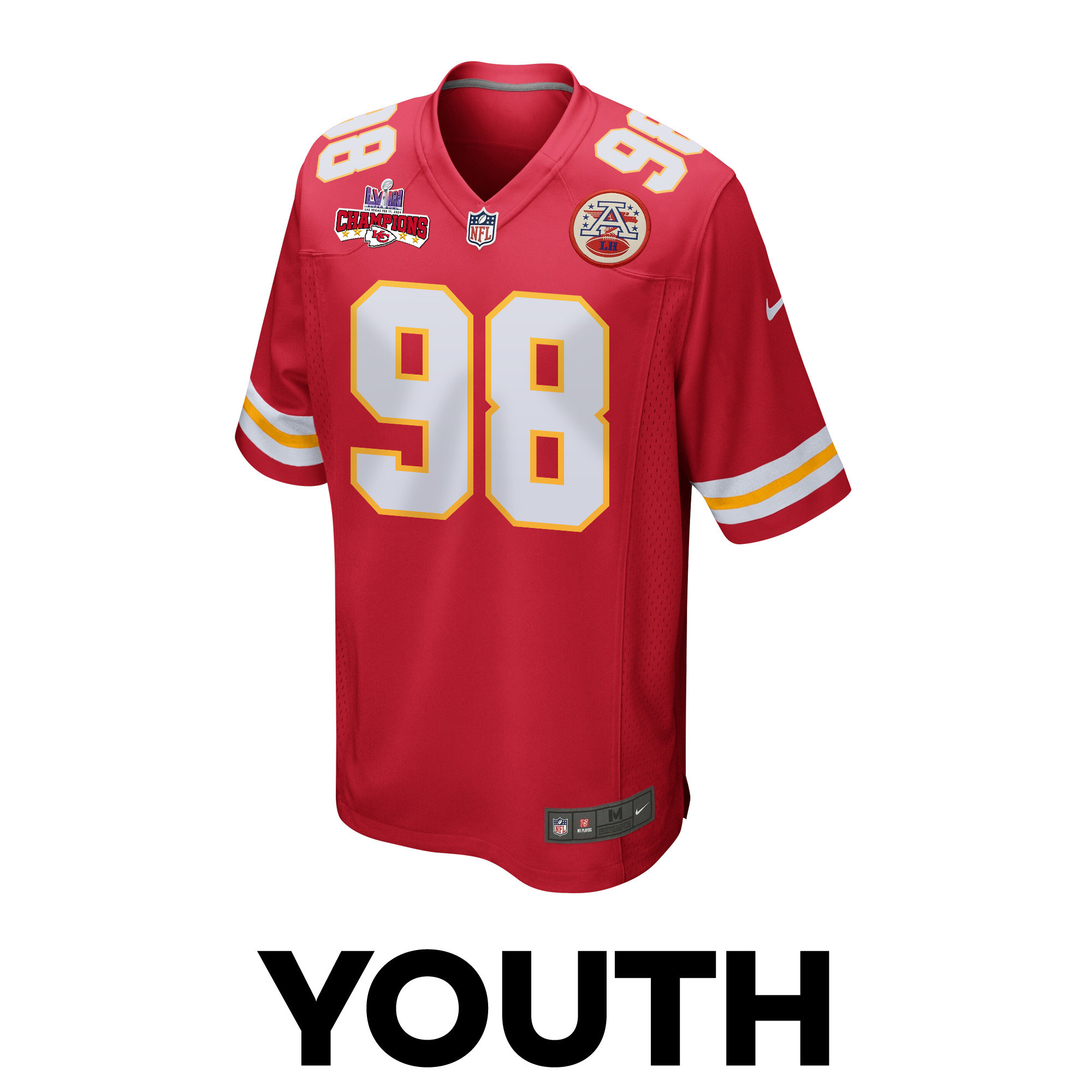 Alternative view of Tershawn Wharton #98 Kansas City Chiefs Super Bowl LVIII Champions 4 Stars Patch Game Jersey - Youth | Red