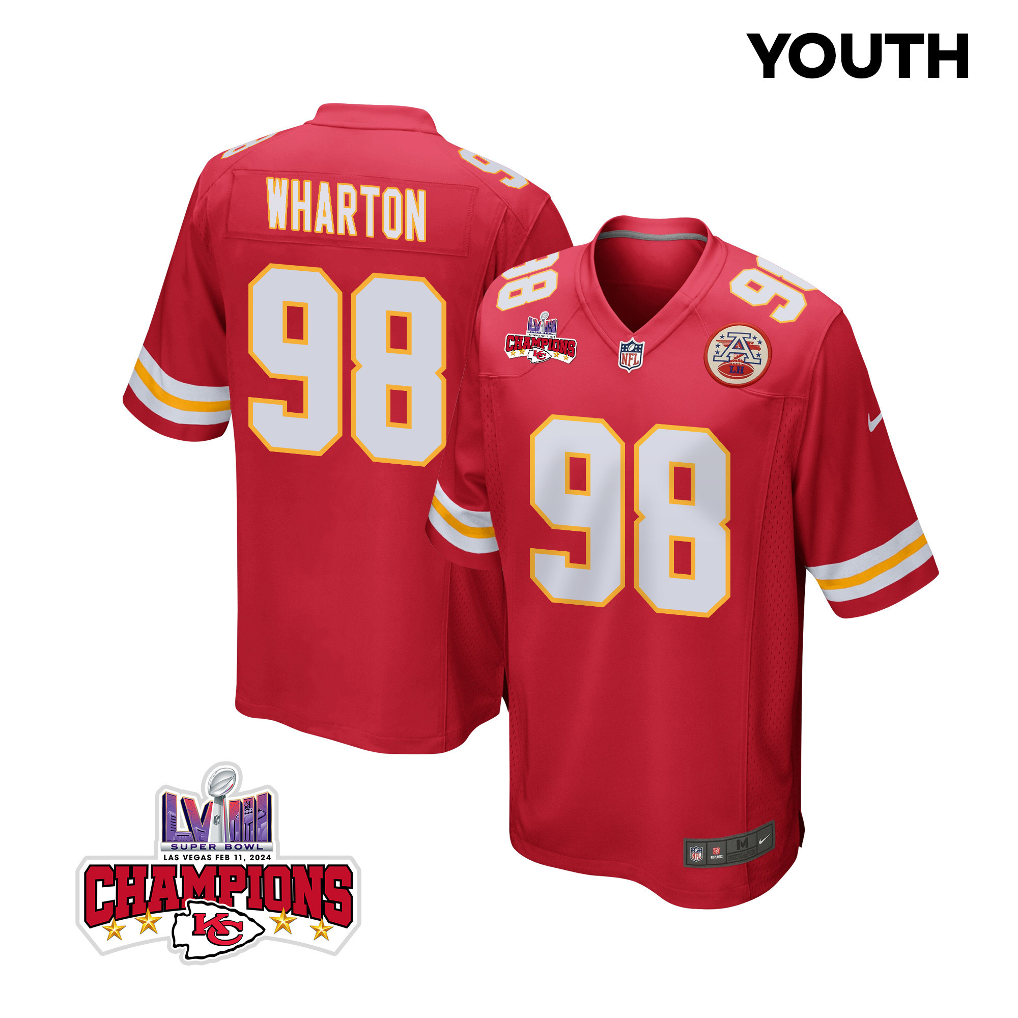Tershawn Wharton #98 Kansas City Chiefs Super Bowl LVIII Champions 4 Stars Patch Game Jersey - Youth | Red