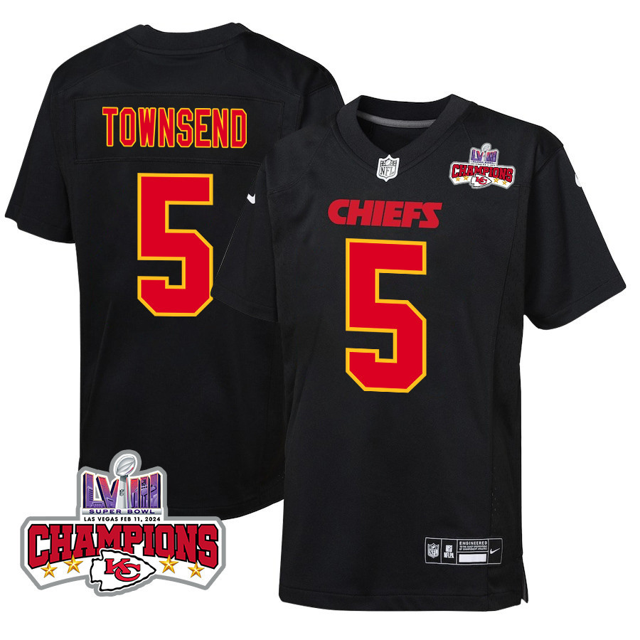 Tommy Townsend #5 Kansas City Chiefs Super Bowl LVIII Champions 4 Stars Patch Game Jersey - Youth | Carbon Black
