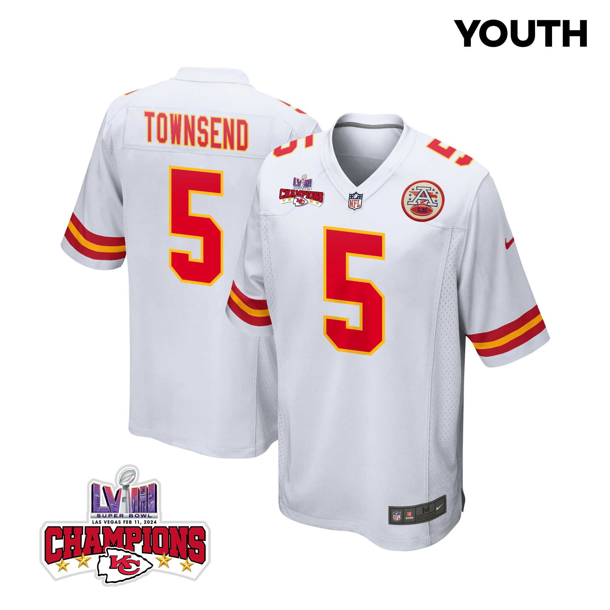 Tommy Townsend #5 Kansas City Chiefs Super Bowl LVIII Champions 4 Stars Patch Game Jersey - Youth | White
