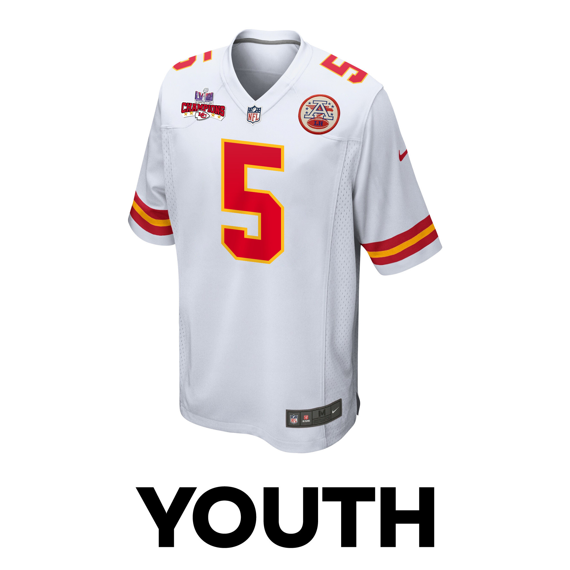 Alternative view of Tommy Townsend #5 Kansas City Chiefs Super Bowl LVIII Champions 4 Stars Patch Game Jersey - Youth | White