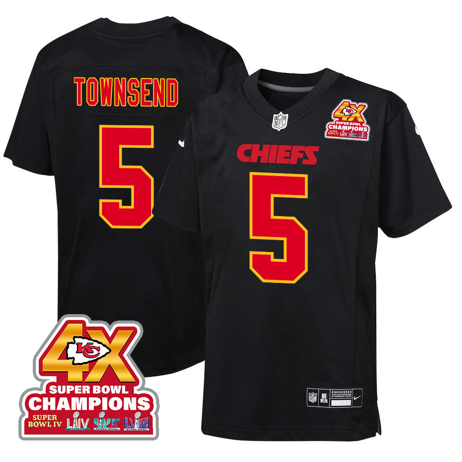 Tommy Townsend #5 Kansas City Chiefs Super Bowl LVIII Champions 4X Game Jersey - Youth | Carbon Black