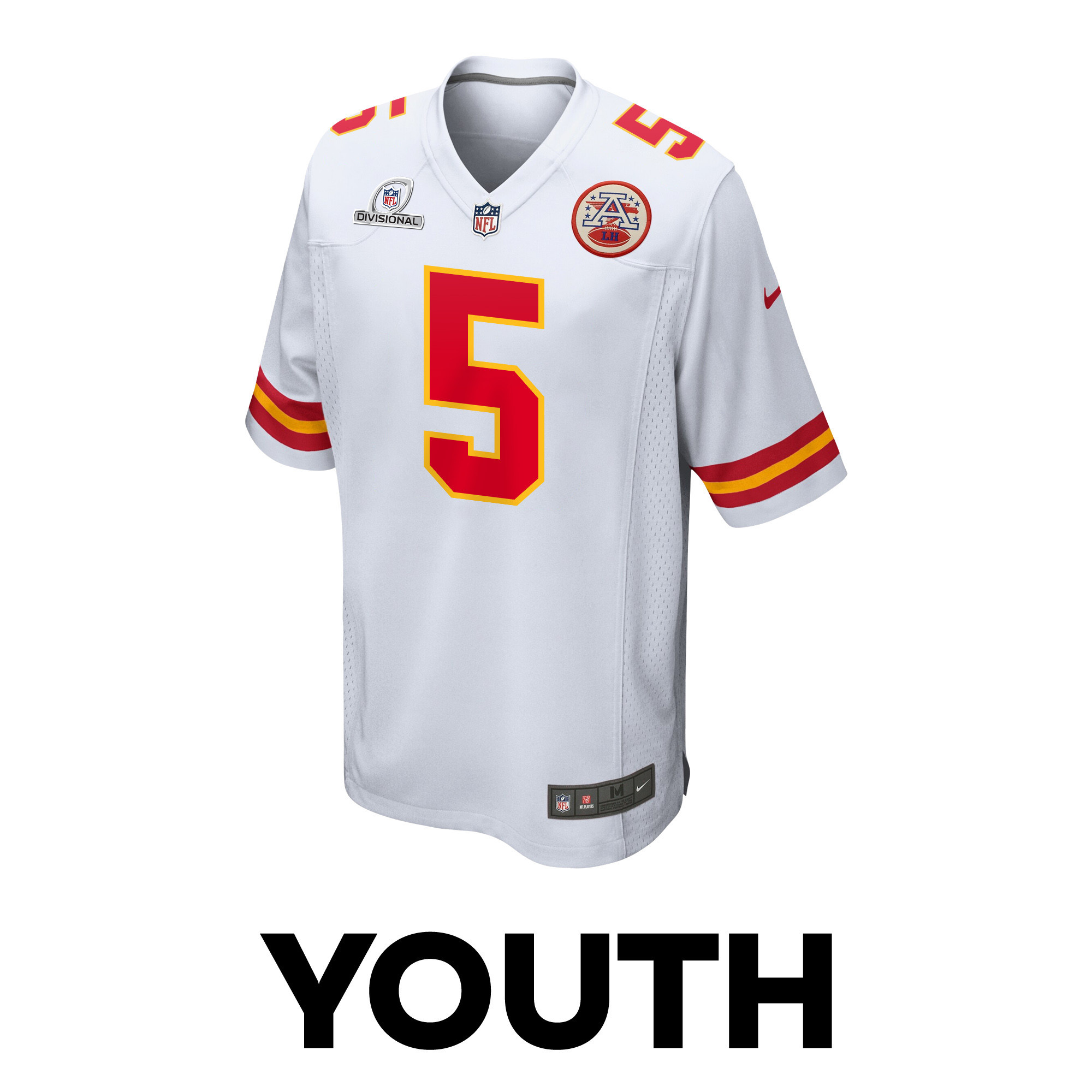 Alternative view of Tommy Townsend #5 Kansas City Chiefs Super Bowl LVIII Patch Game Jersey - Youth | White