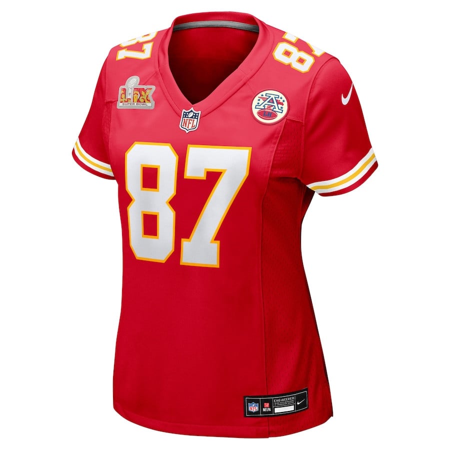 Alternative view of Travis Kelce #87 Kansas City Chiefs Super Bowl LIX Game Jersey - Women's | Red