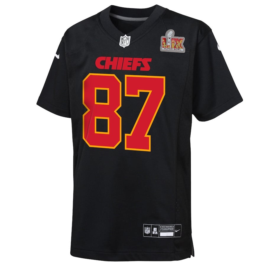 Alternative view of Travis Kelce #87 Kansas City Chiefs Super Bowl LIX Patch Game Jersey - Youth | Carbon Black