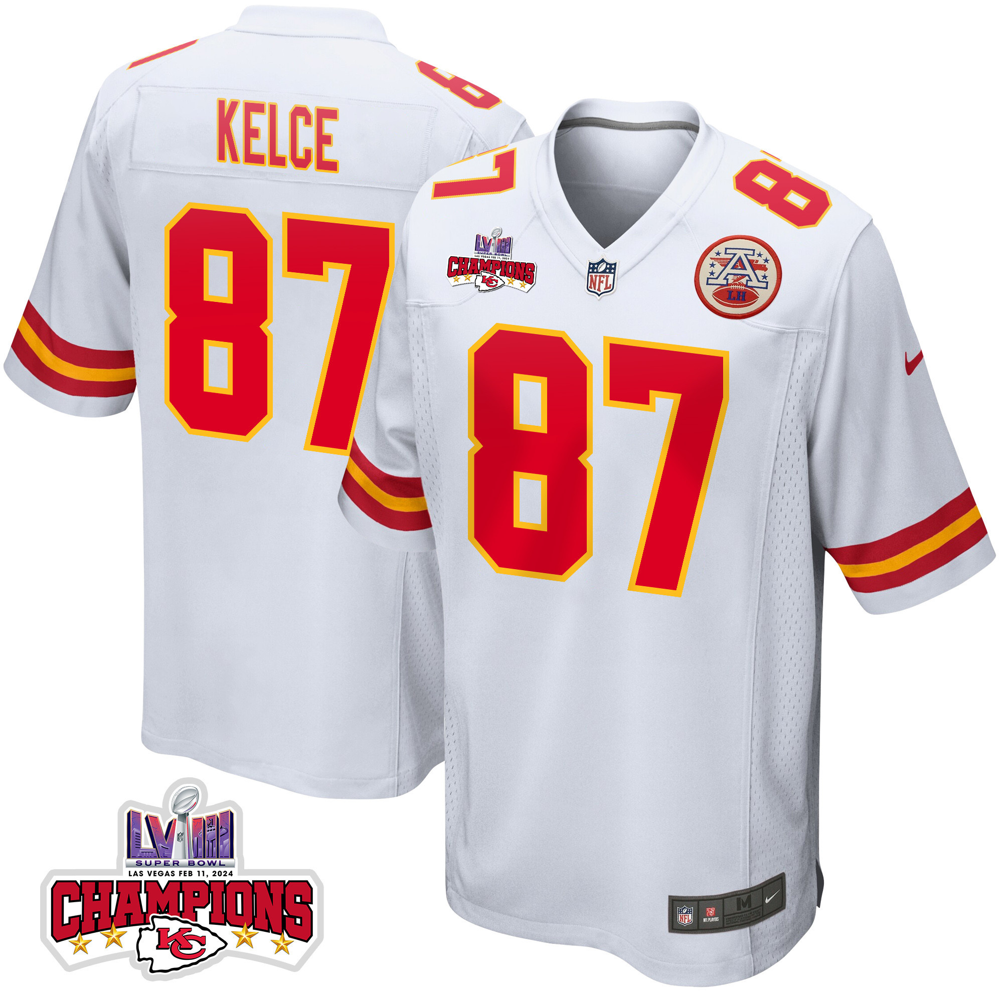Travis Kelce #87 Kansas City Chiefs Super Bowl LVIII Champions 4 Stars Patch Game Jersey - Men's | White