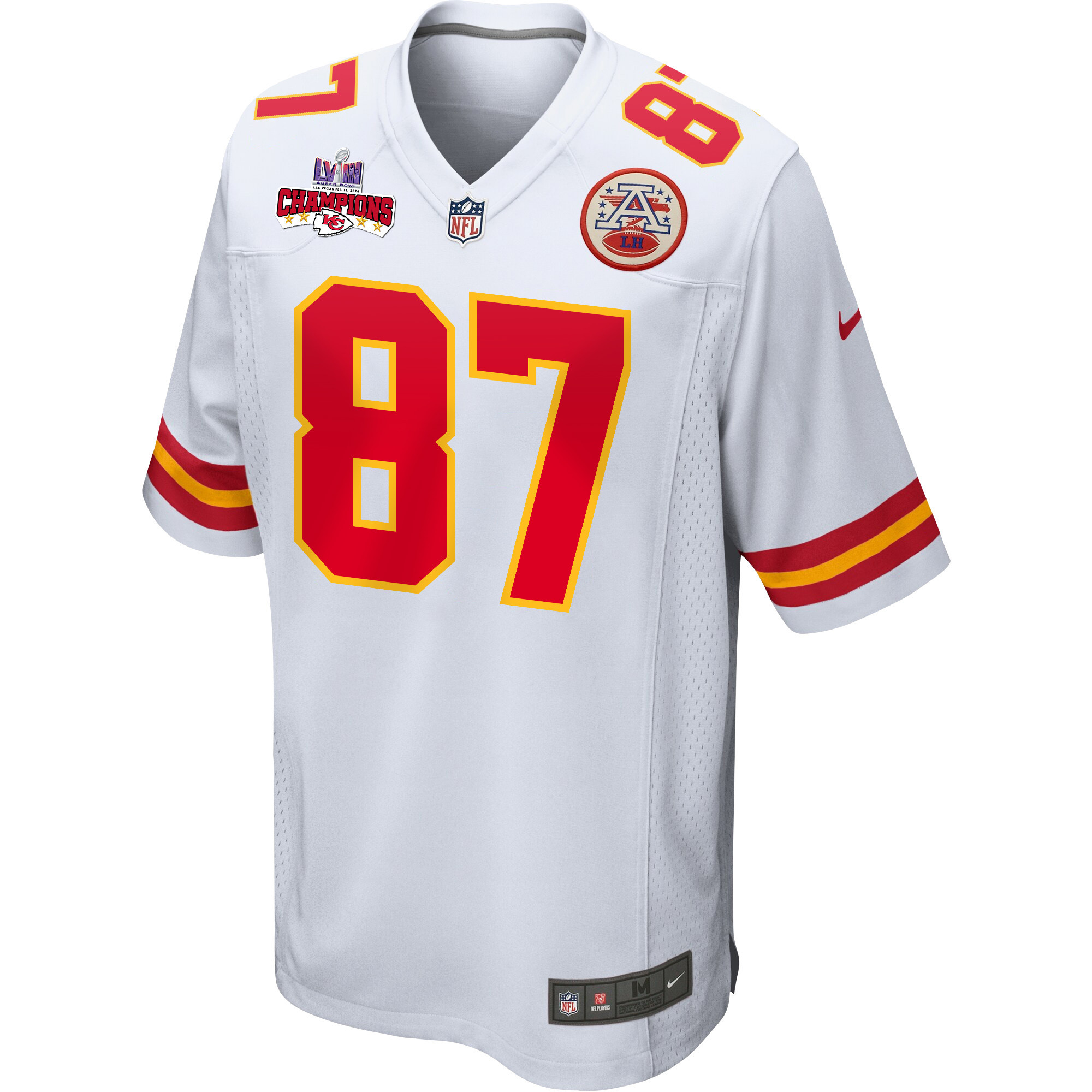 Alternative view of Travis Kelce #87 Kansas City Chiefs Super Bowl LVIII Champions 4 Stars Patch Game Jersey - Men's | White