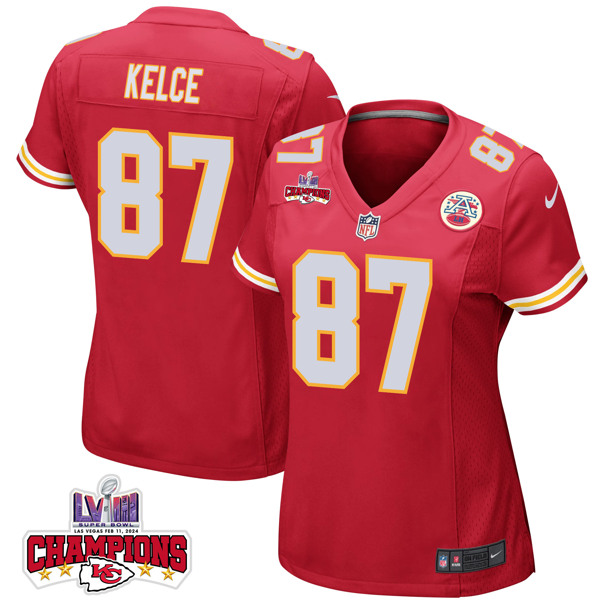 Travis Kelce #87 Kansas City Chiefs Super Bowl LVIII Champions 4 Stars Patch Game Jersey - Women's | Red