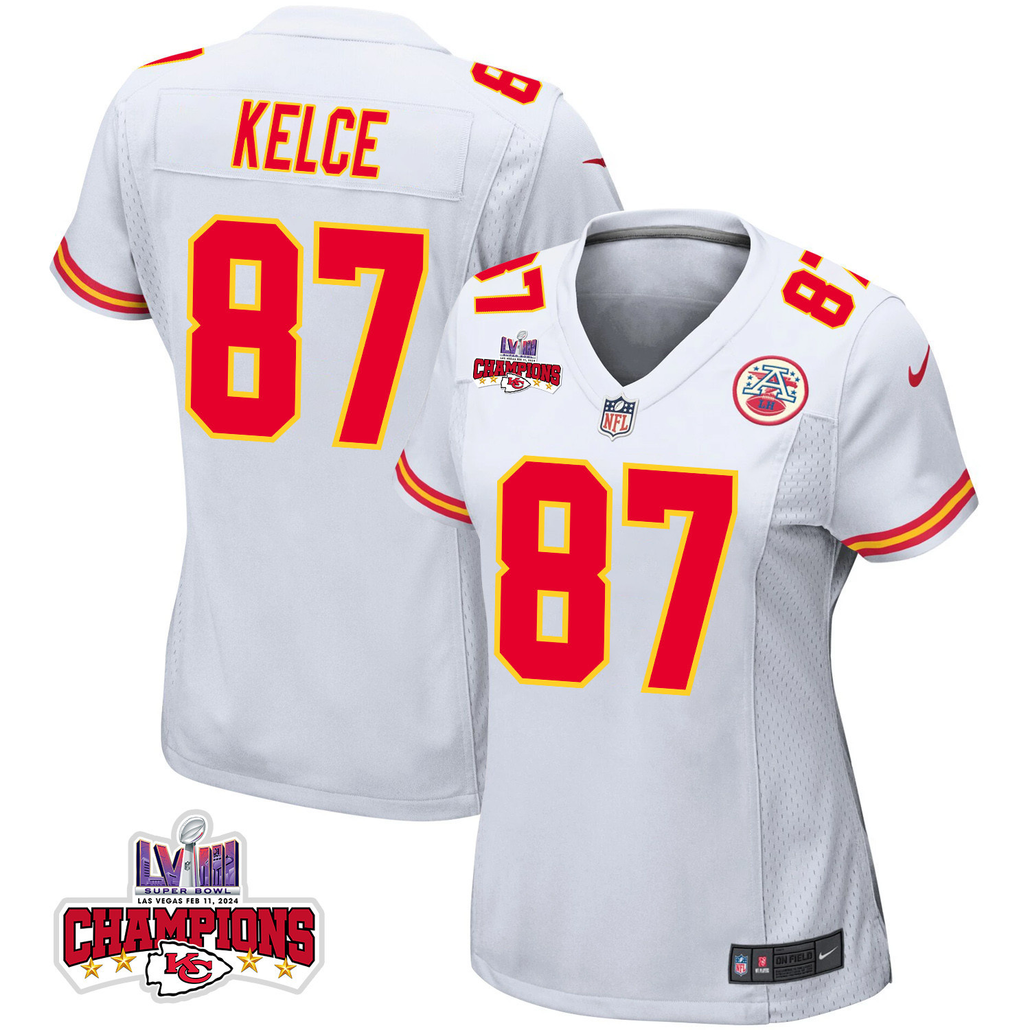 Travis Kelce #87 Kansas City Chiefs Super Bowl LVIII Champions 4 Stars Patch Game Jersey - Women's | White