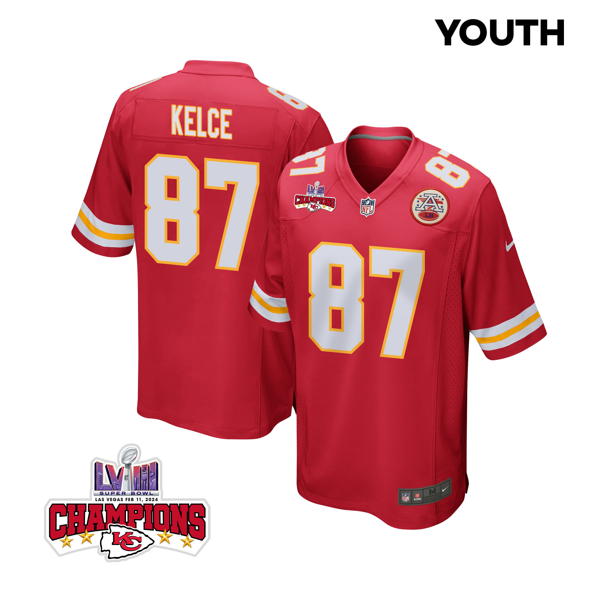 Travis Kelce #87 Kansas City Chiefs Super Bowl LVIII Champions 4 Stars Patch Game Jersey - Youth | Red