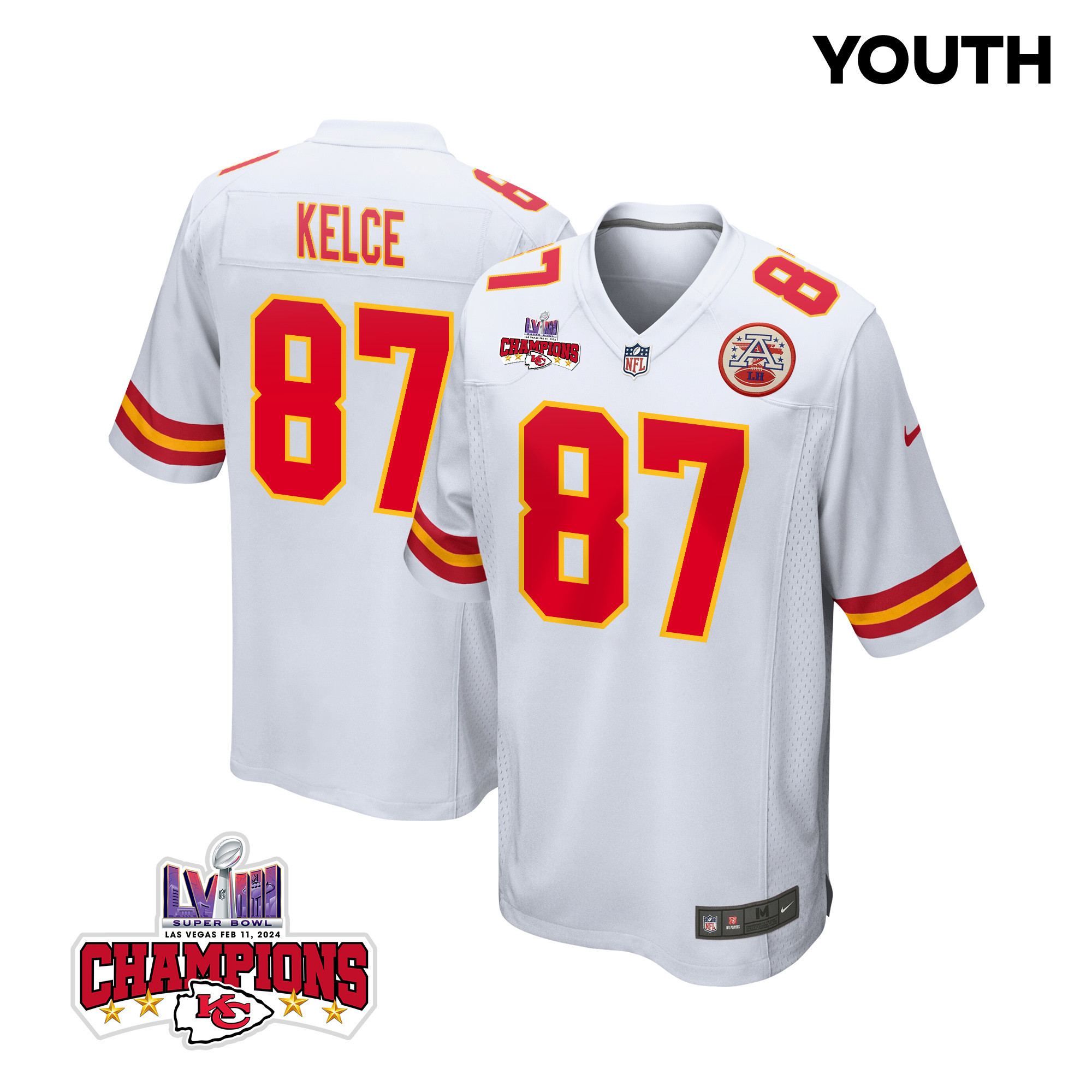 Travis Kelce #87 Kansas City Chiefs Super Bowl LVIII Champions 4 Stars Patch Game Jersey - Youth | White
