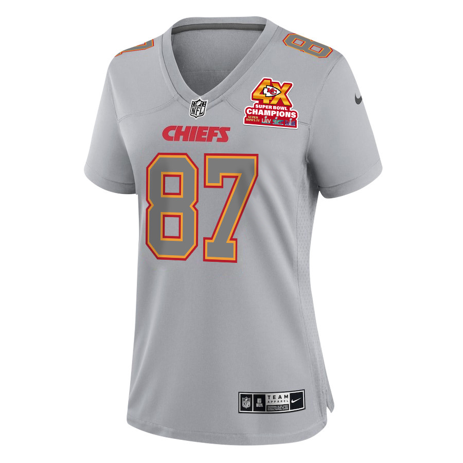 Alternative view of Travis Kelce #87 Kansas City Chiefs Super Bowl LVIII Champions 4X Game Jersey - Women's | Gray