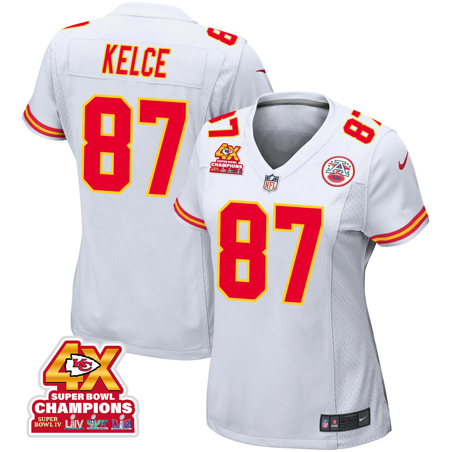 Travis Kelce #87 Kansas City Chiefs Super Bowl LVIII Champions 4X Game Jersey - Women's | White