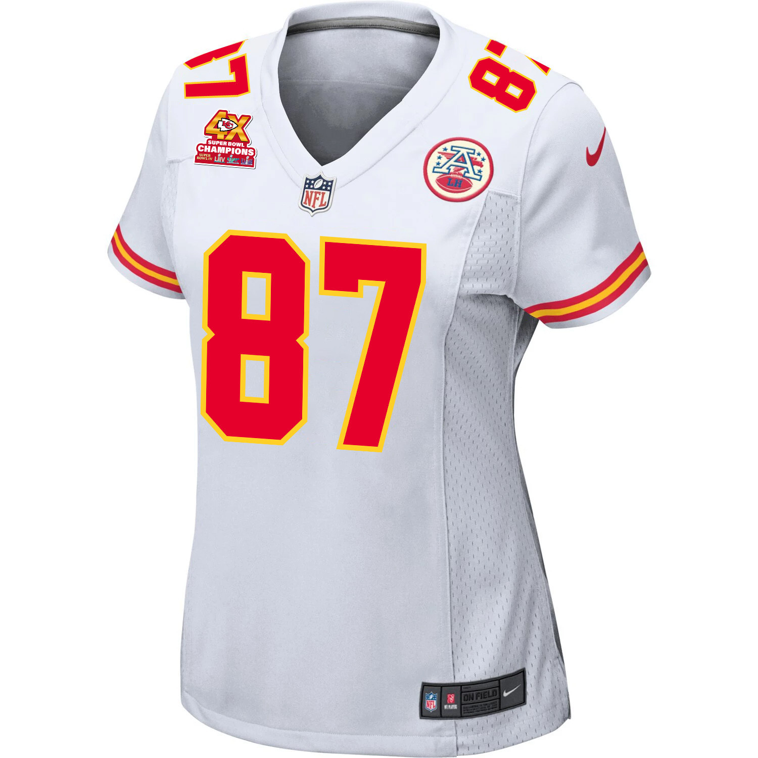 Alternative view of Travis Kelce #87 Kansas City Chiefs Super Bowl LVIII Champions 4X Game Jersey - Women's | White