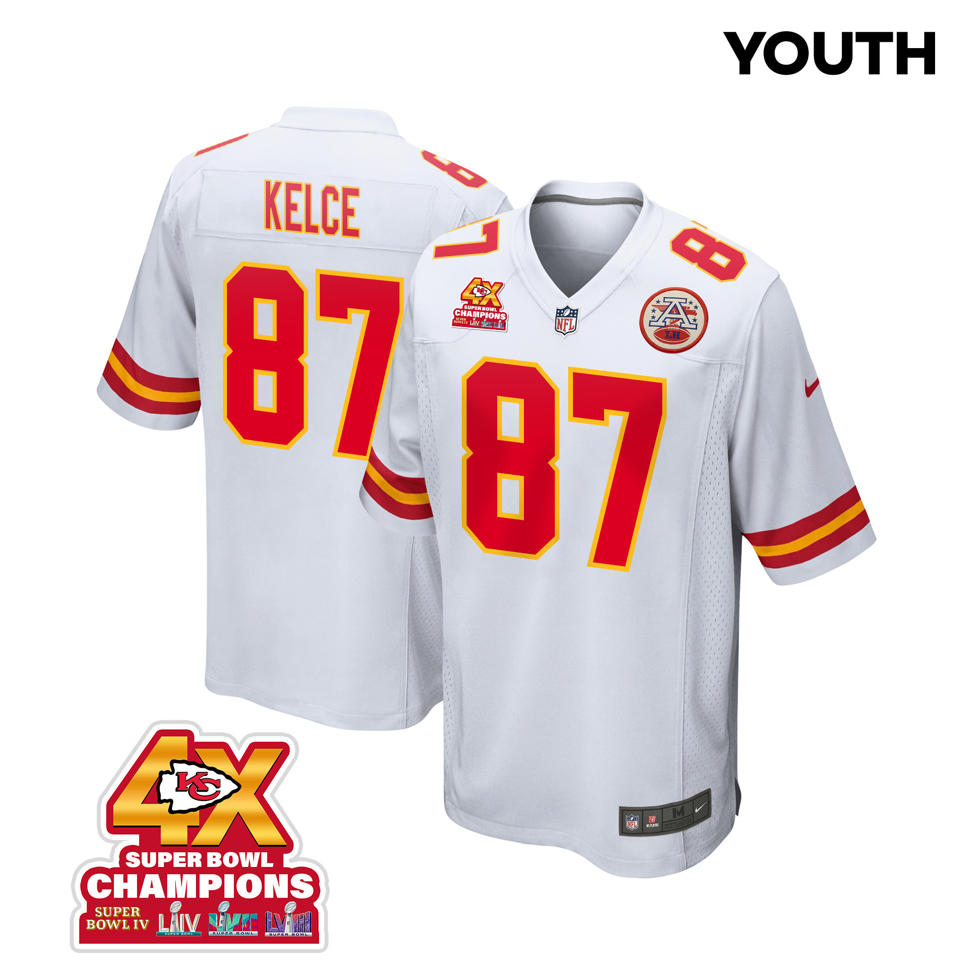 Travis Kelce #87 Kansas City Chiefs Super Bowl LVIII Champions 4X Game Jersey - Youth | White