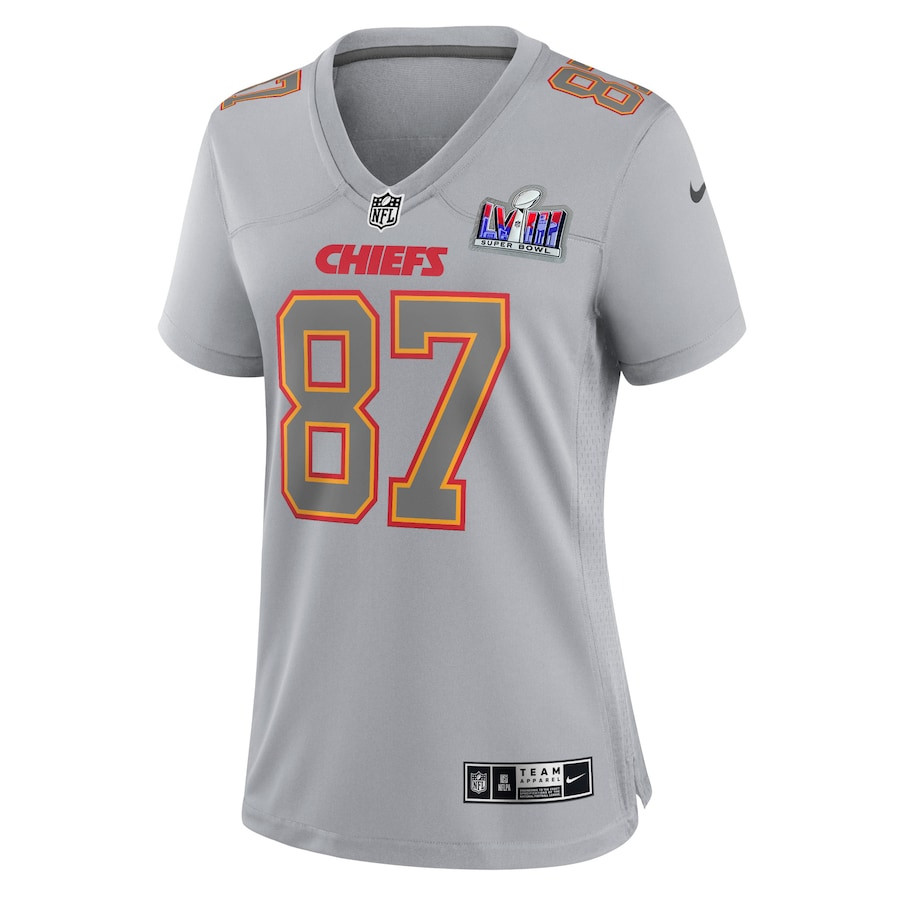 Alternative view of Travis Kelce #87 Kansas City Chiefs Super Bowl LVIII Game Jersey - Women's | Gray