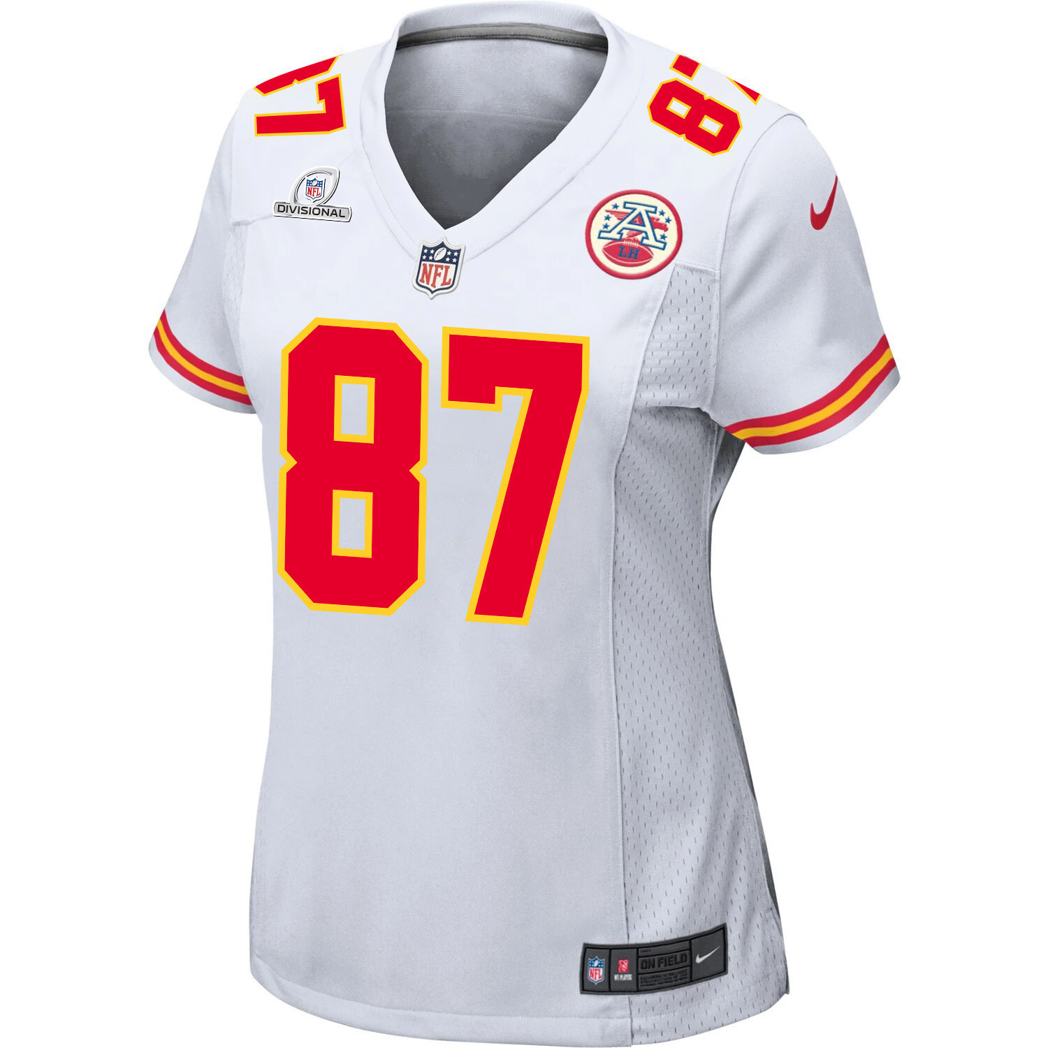 Alternative view of Travis Kelce #87 Kansas City Chiefs Super Bowl LVIII Patch Game Jersey - Women's | White