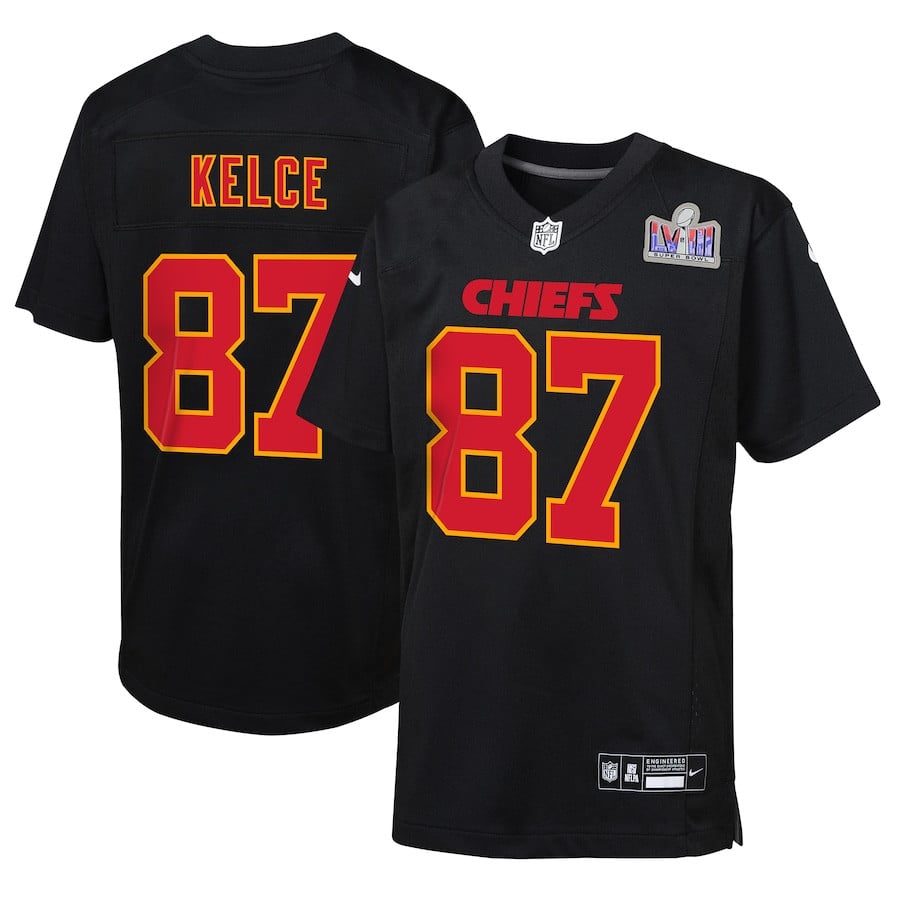 Travis Kelce #87 Kansas City Chiefs Super Bowl LVIII Patch Game Jersey - Youth | Carbon Black
