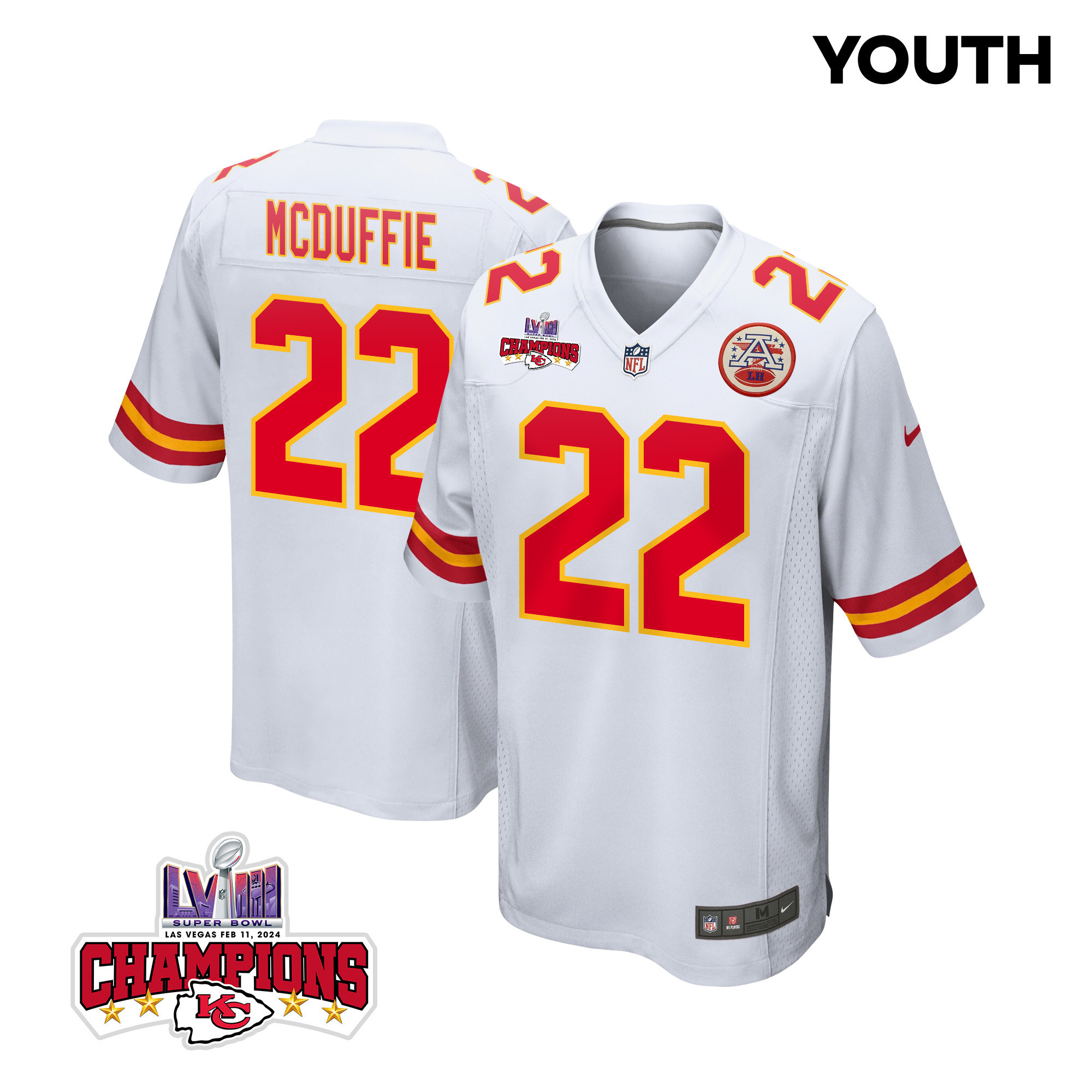 Trent McDuffie #22 Kansas City Chiefs Super Bowl LVIII Champions 4 Stars Patch Game Jersey - Youth | White