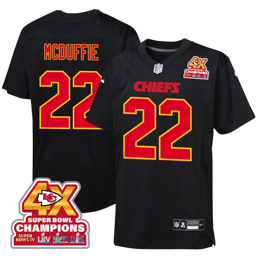 Trent McDuffie #22 Kansas City Chiefs Super Bowl LVIII Champions 4X Game Jersey - Youth | Carbon Black