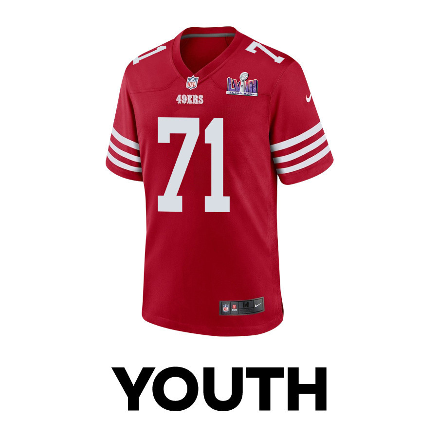 Alternative view of Trent Williams #71 San Francisco 49ers Super Bowl LVIII Patch Game Jersey - Youth | Scarlet