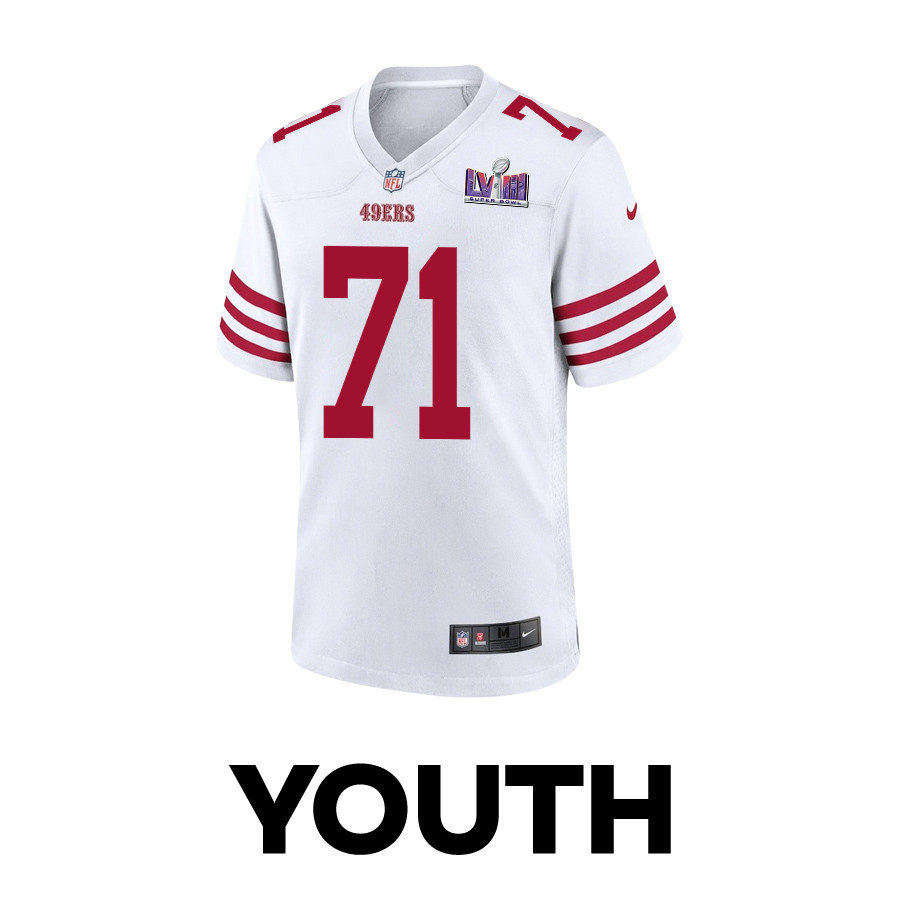 Alternative view of Trent Williams #71 San Francisco 49ers Super Bowl LVIII Patch Game Jersey - Youth | White