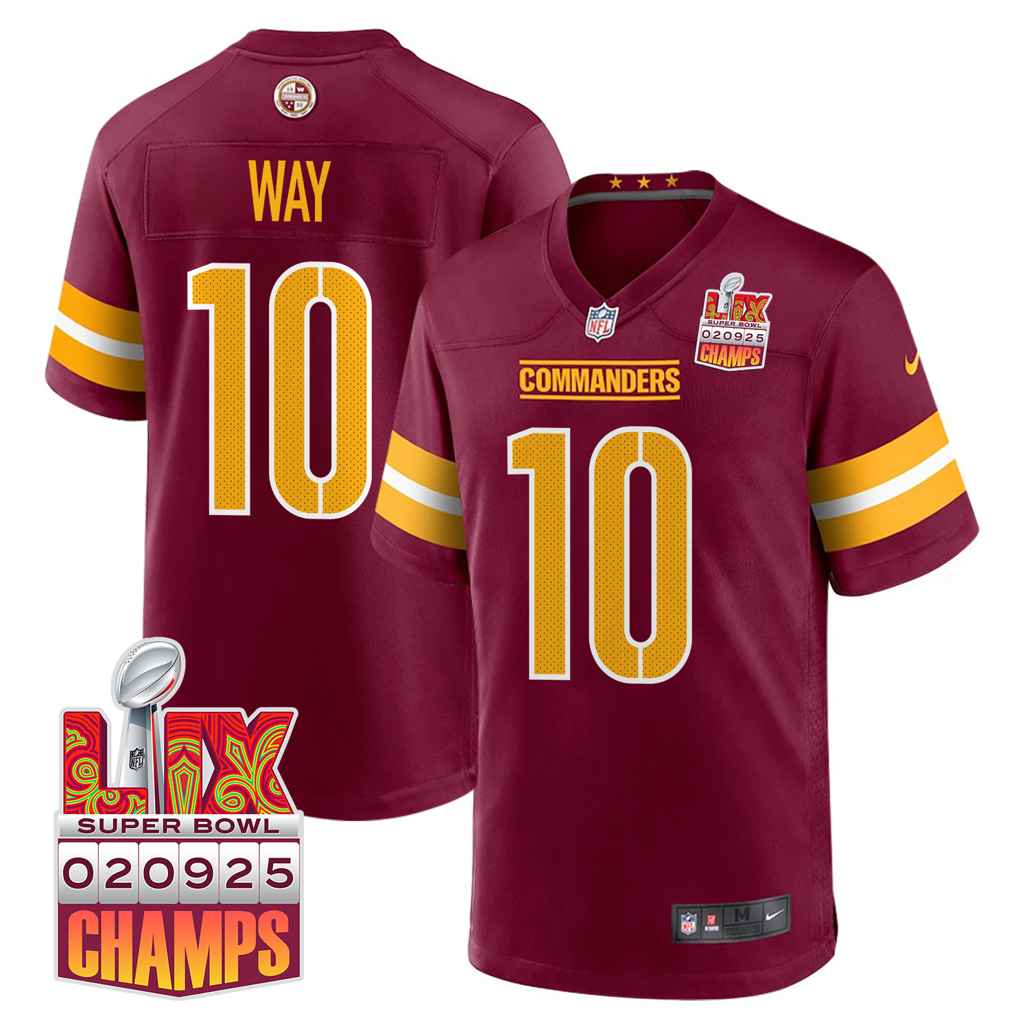 Tress Way #10 Washington Commanders Super Bowl LIX Champions Patch Game Jersey - Men's | Burgundy