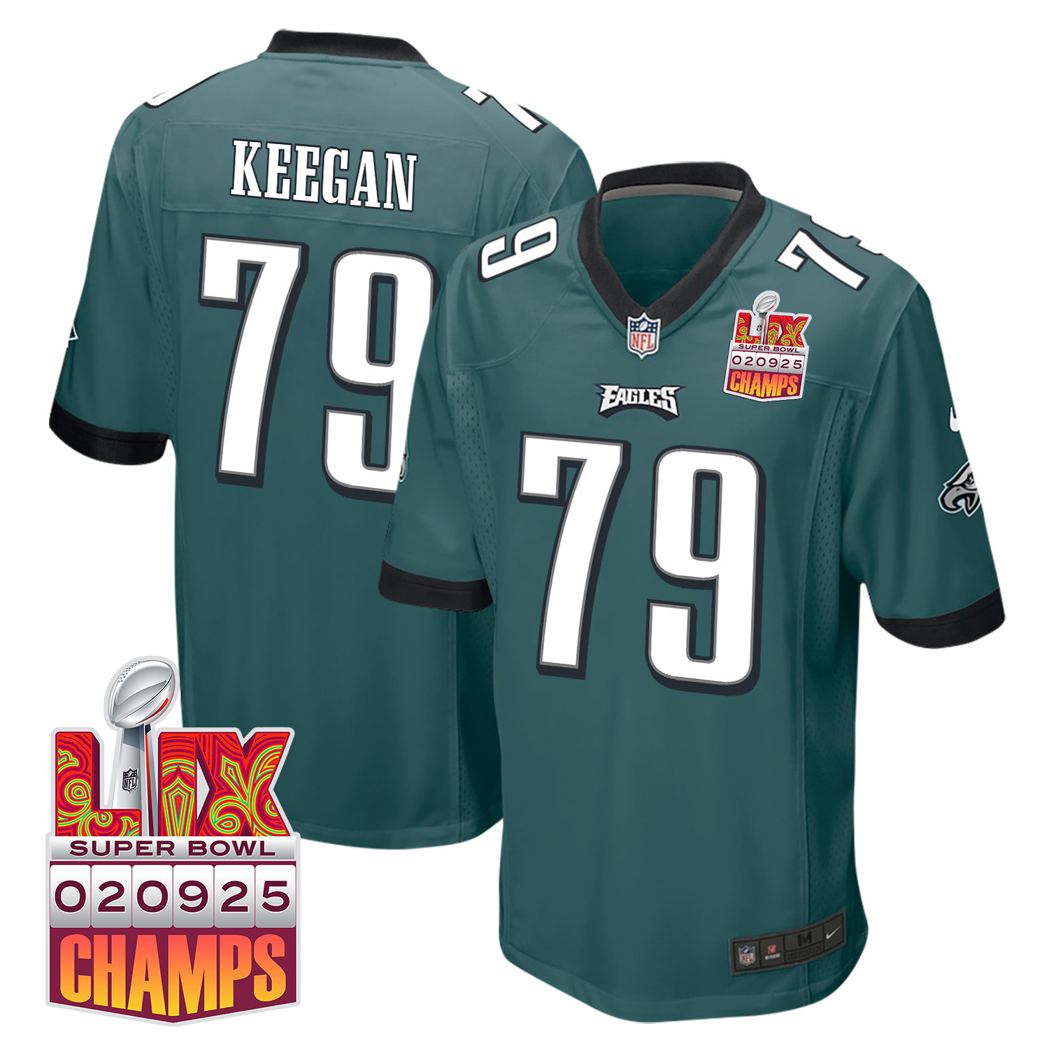 Trevor Keegan #79 Philadelphia Eagles Super Bowl LIX Champions Patch Game Jersey - Men's | Midnight Green