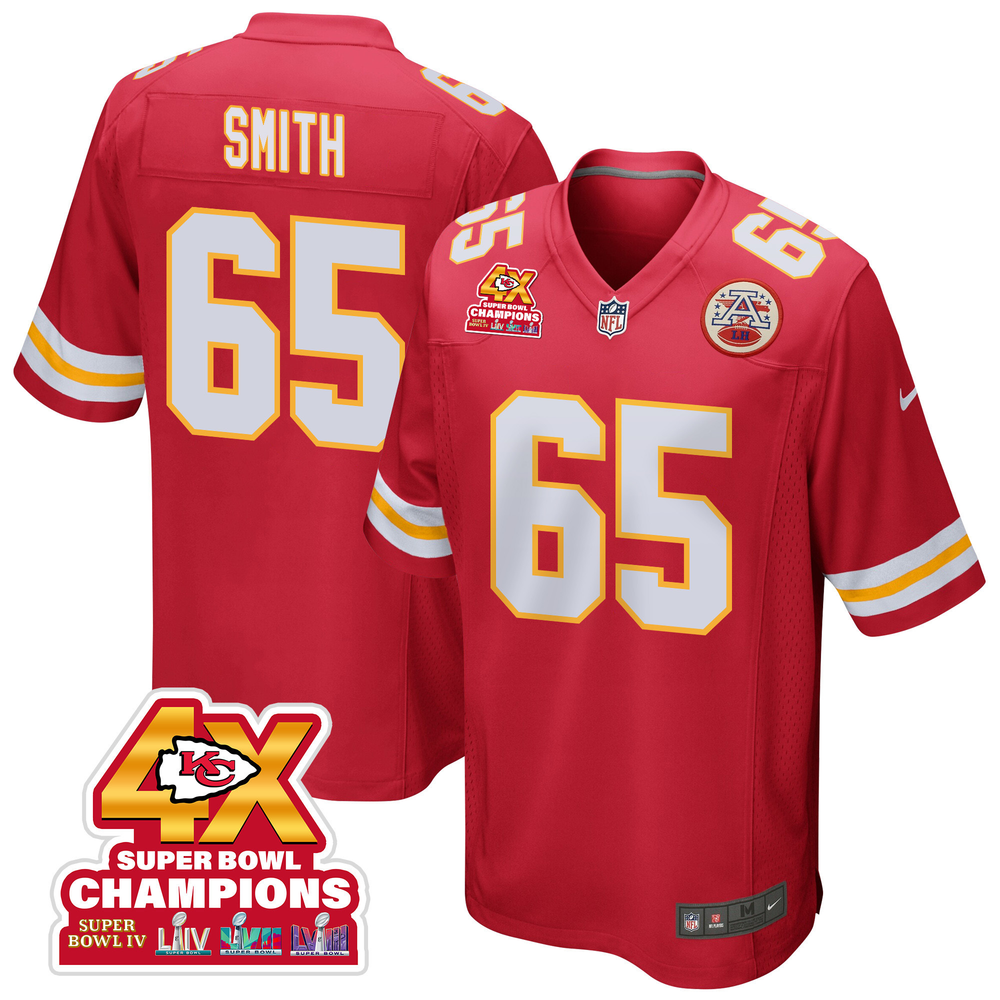 Trey Smith #65 Kansas City Chiefs Super Bowl LVIII Champions 4X Game Jersey - Men's | Red