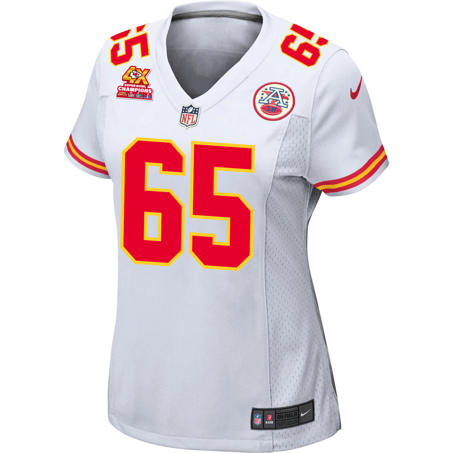 Alternative view of Trey Smith #65 Kansas City Chiefs Super Bowl LVIII Champions 4X Game Jersey - Women's | White